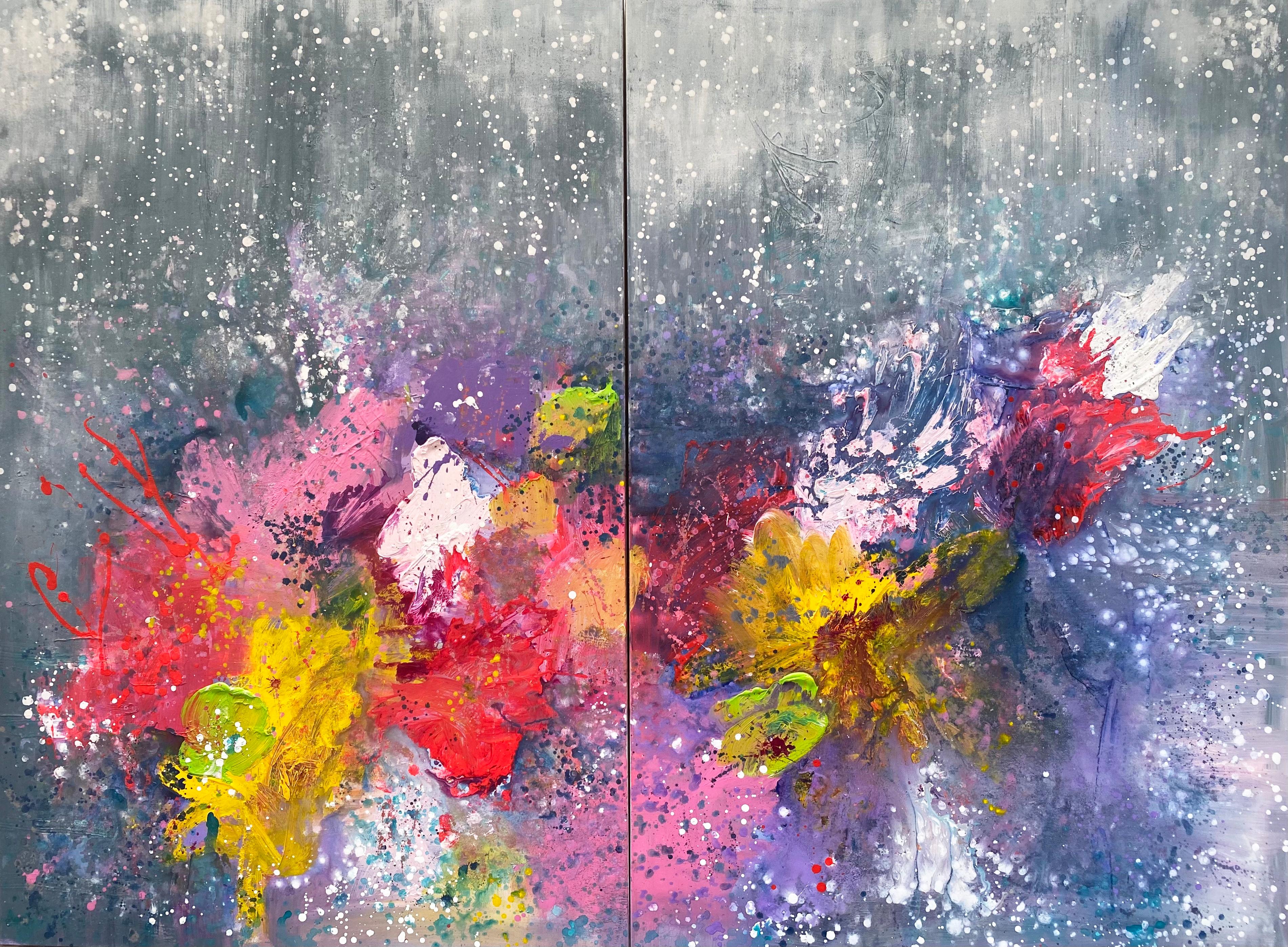 Midnight Blooms large scale double panel abstract expressionist painting rainbow