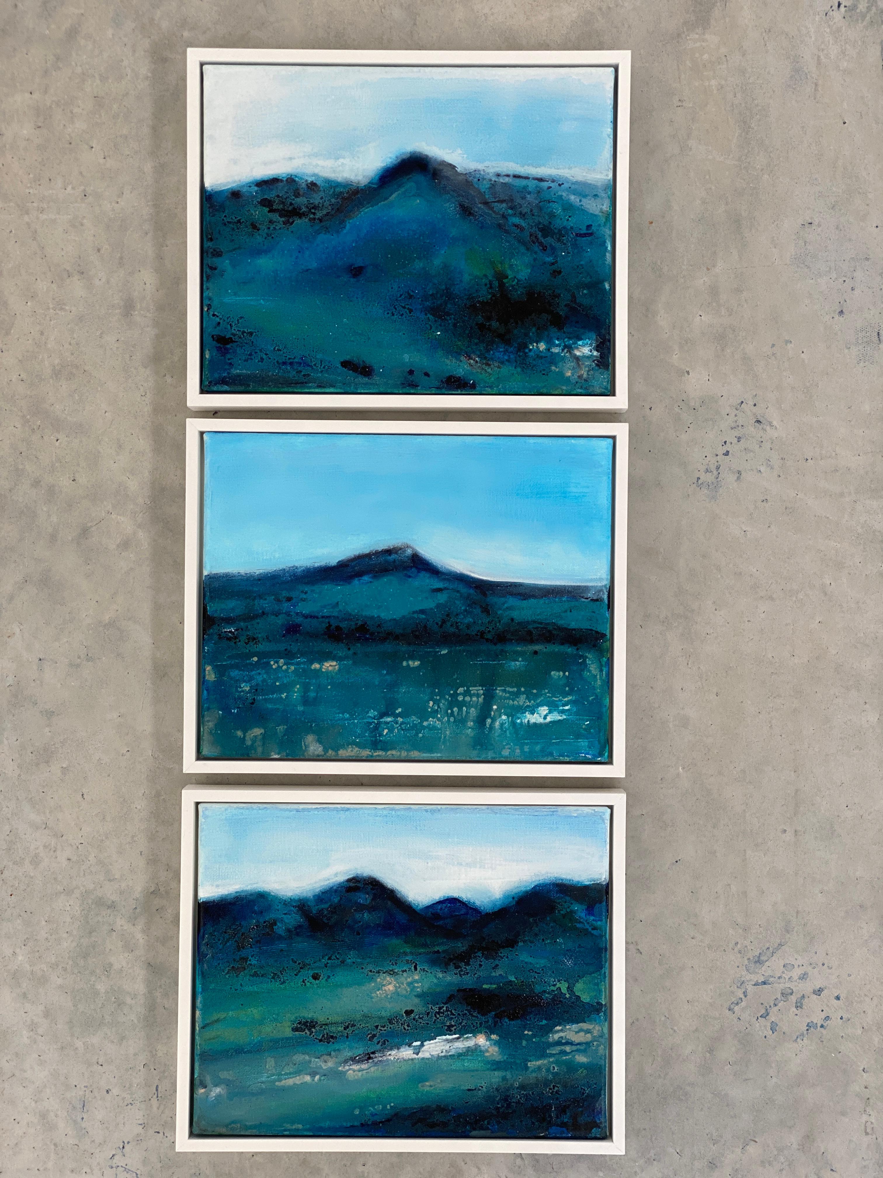 Mountain landscapes set of 3 original paintings on canvas green blue hills For Sale 2