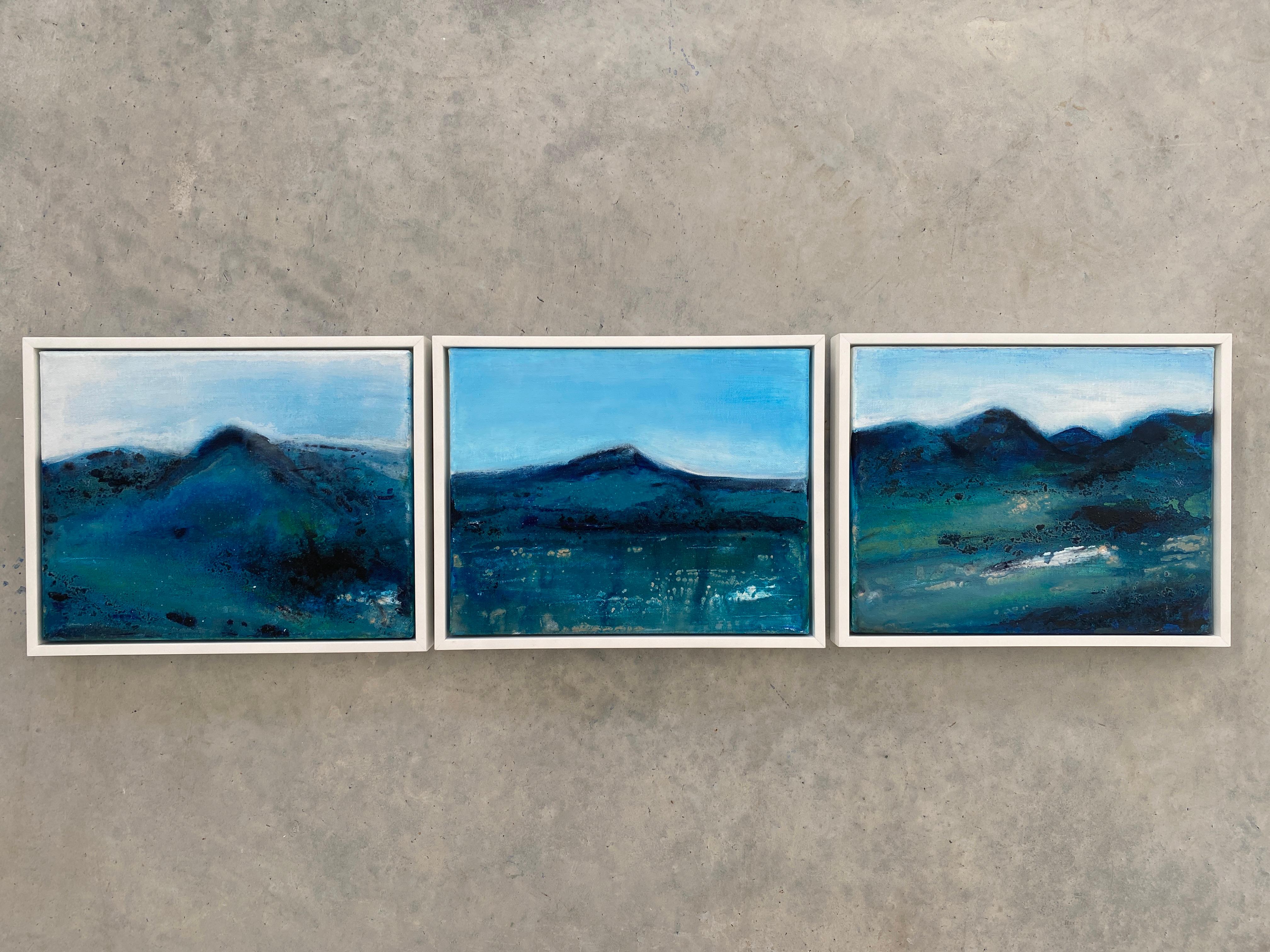 Mountain landscapes set of 3 original paintings on canvas green blue hills For Sale 3