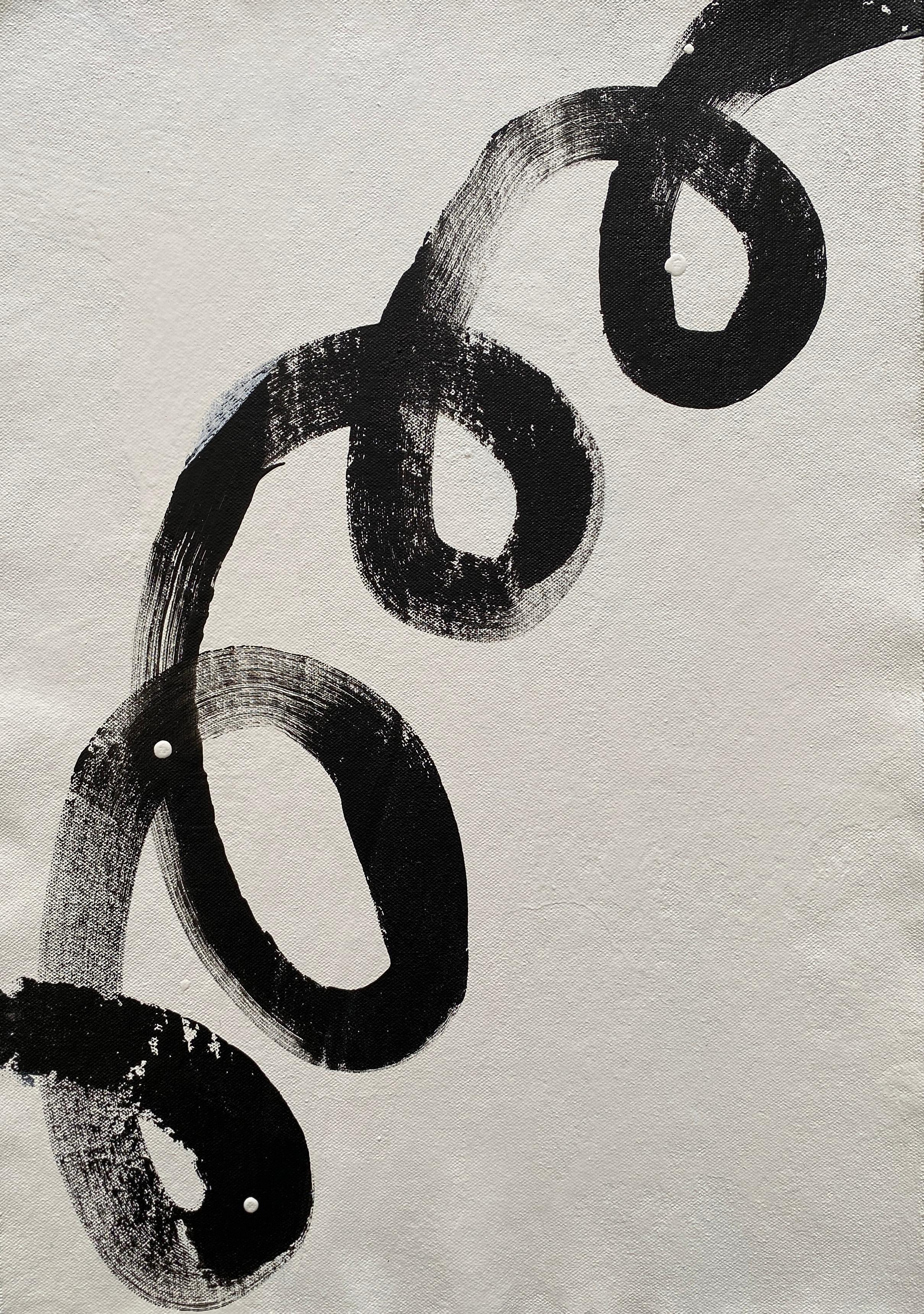 Abstract Painting Kathleen Rhee - Collection Symbols abstraits minimalistes lignes enroulées noires sur blanc géométrique n°2