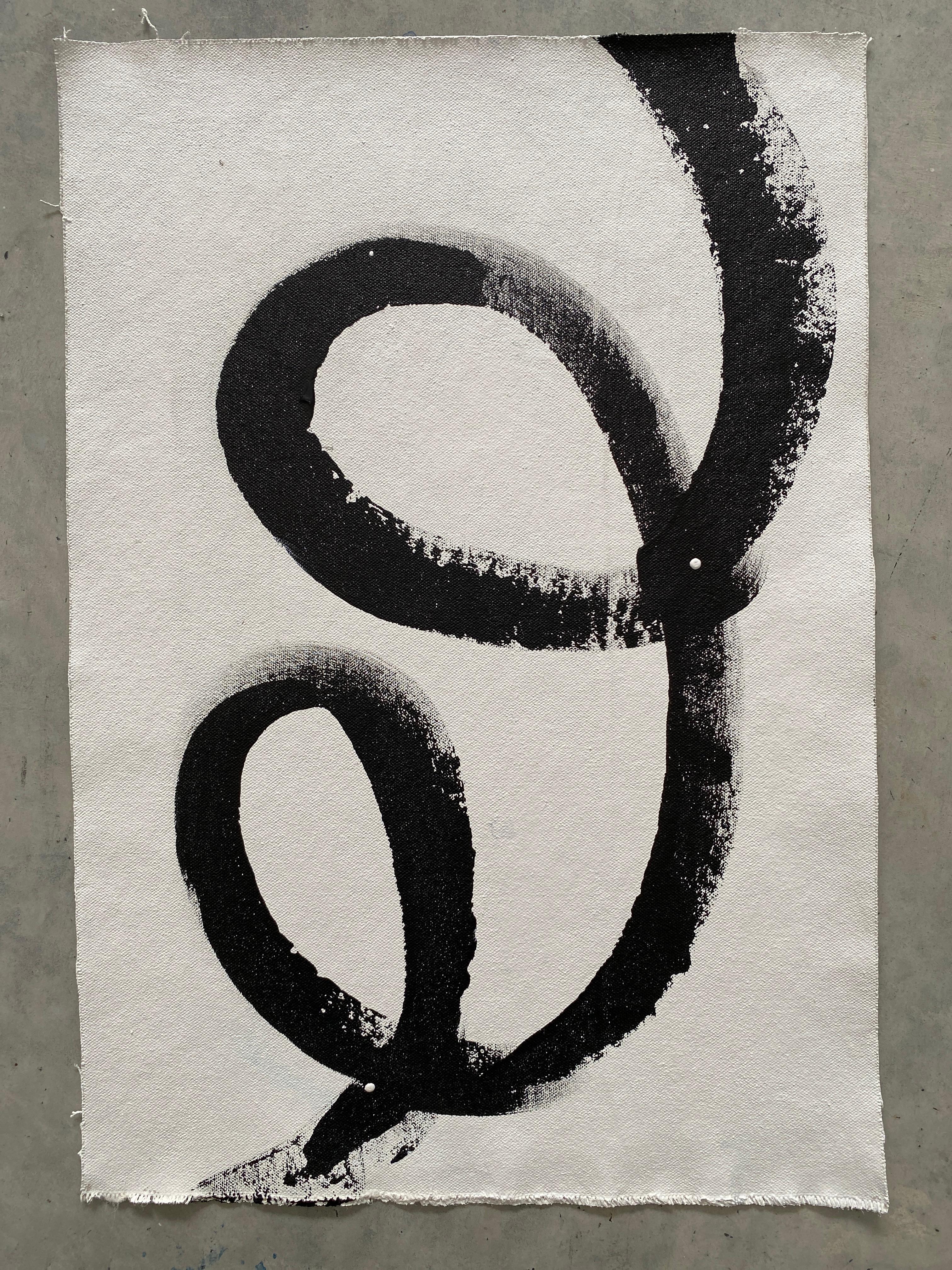 Minimalist Abstract Symbols Collection black coiled lines on white geometric no3 - Painting by Kathleen Rhee