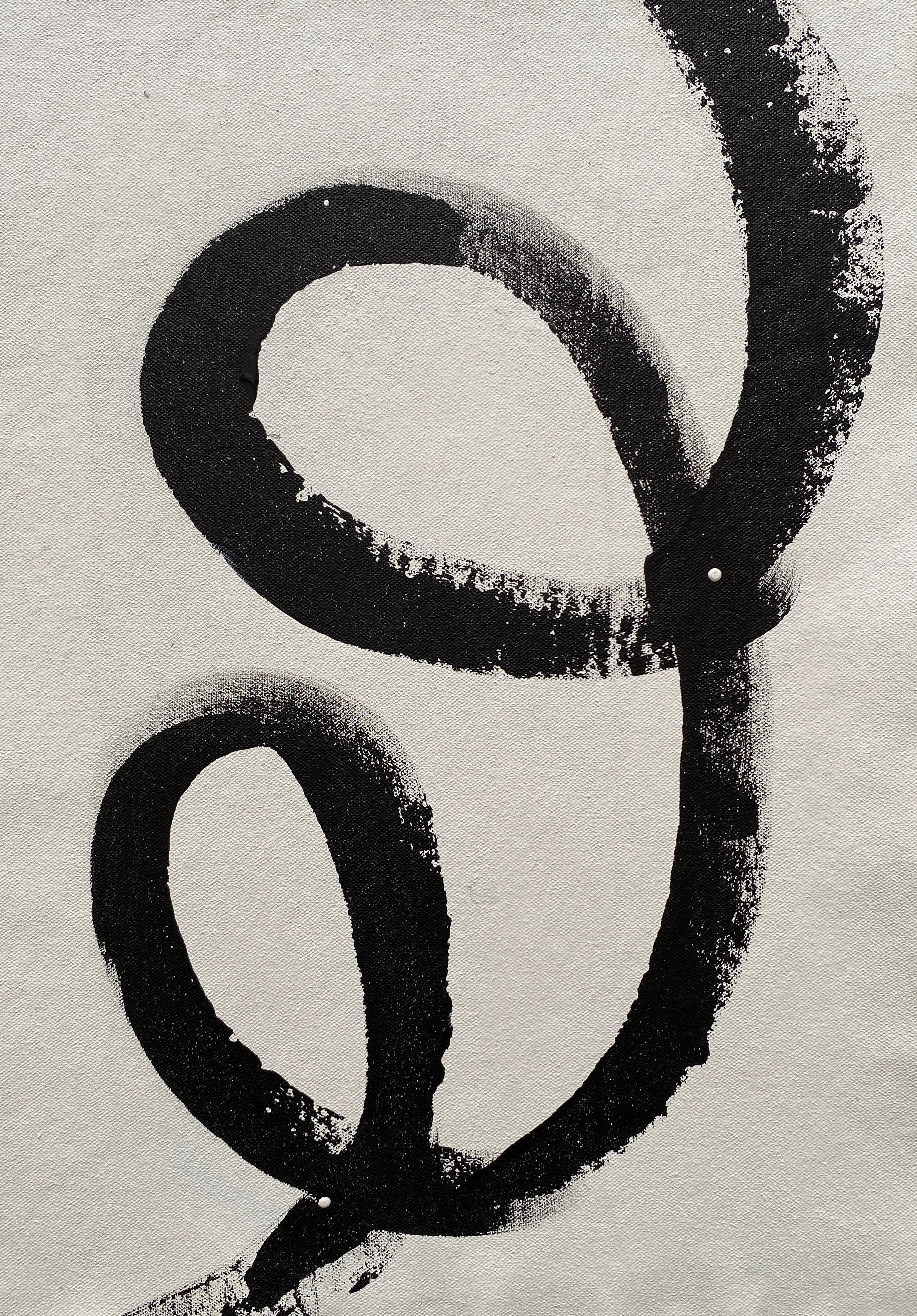 Abstract Painting Kathleen Rhee - Collection Symbols abstraits minimalistes lignes enroulées noires sur blanc géométrique n°3