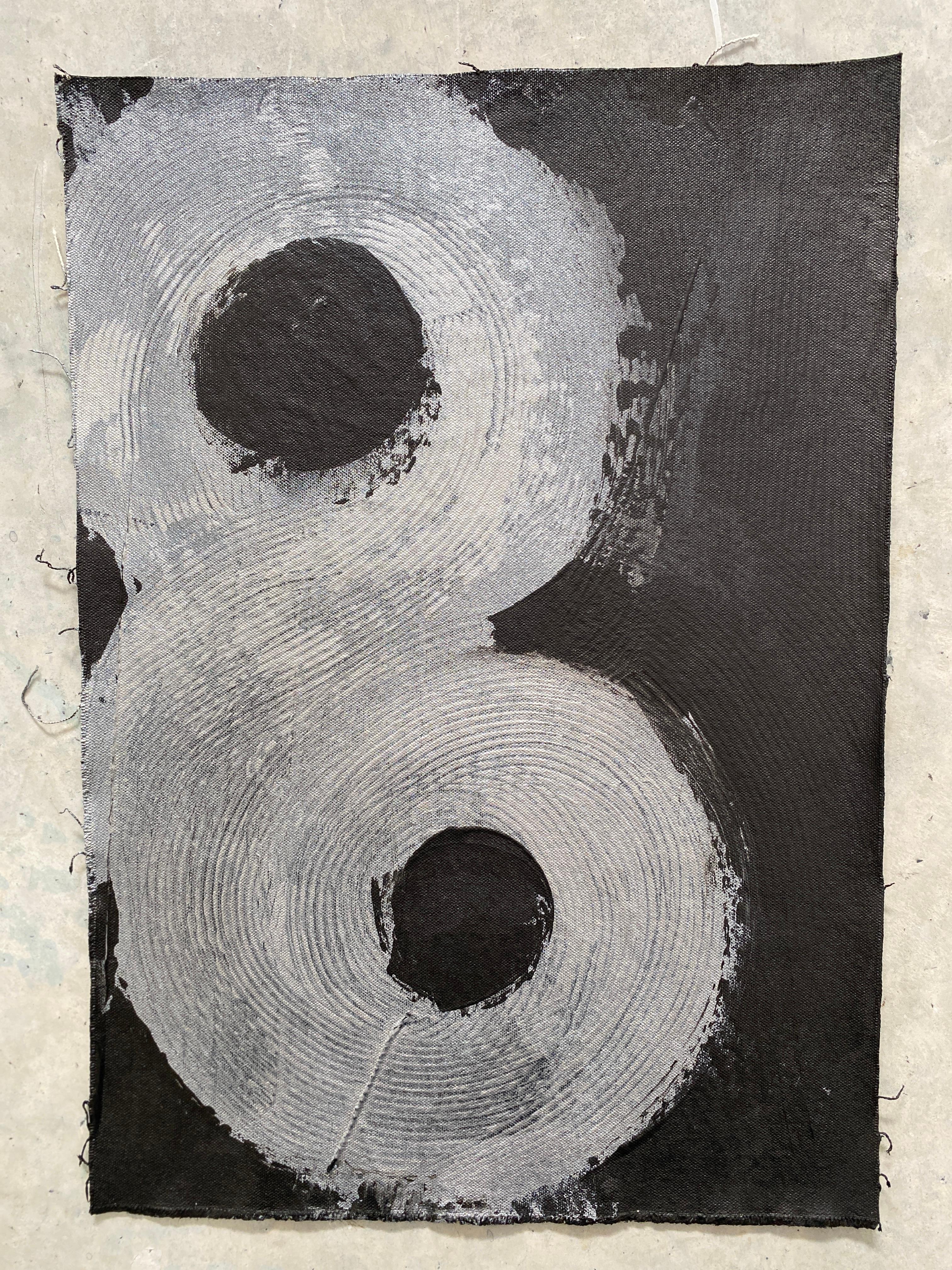 Minimalist Abstract Symbols Collection tribal silver black swirls circles no2 - Painting de Kathleen Rhee