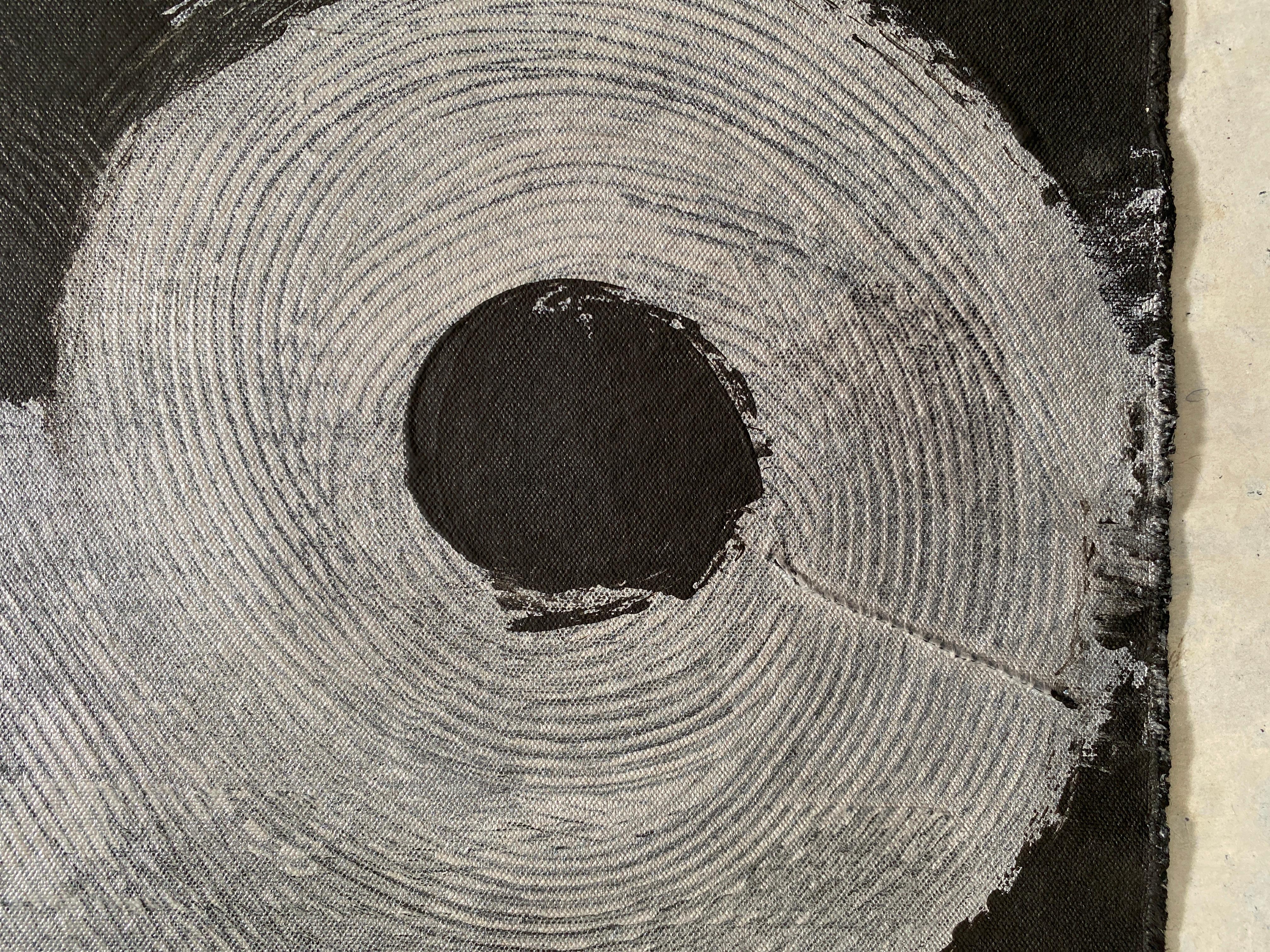 Minimalist Abstract Symbols Collection tribal silver black swirls circles no2 - Abstrait Painting par Kathleen Rhee