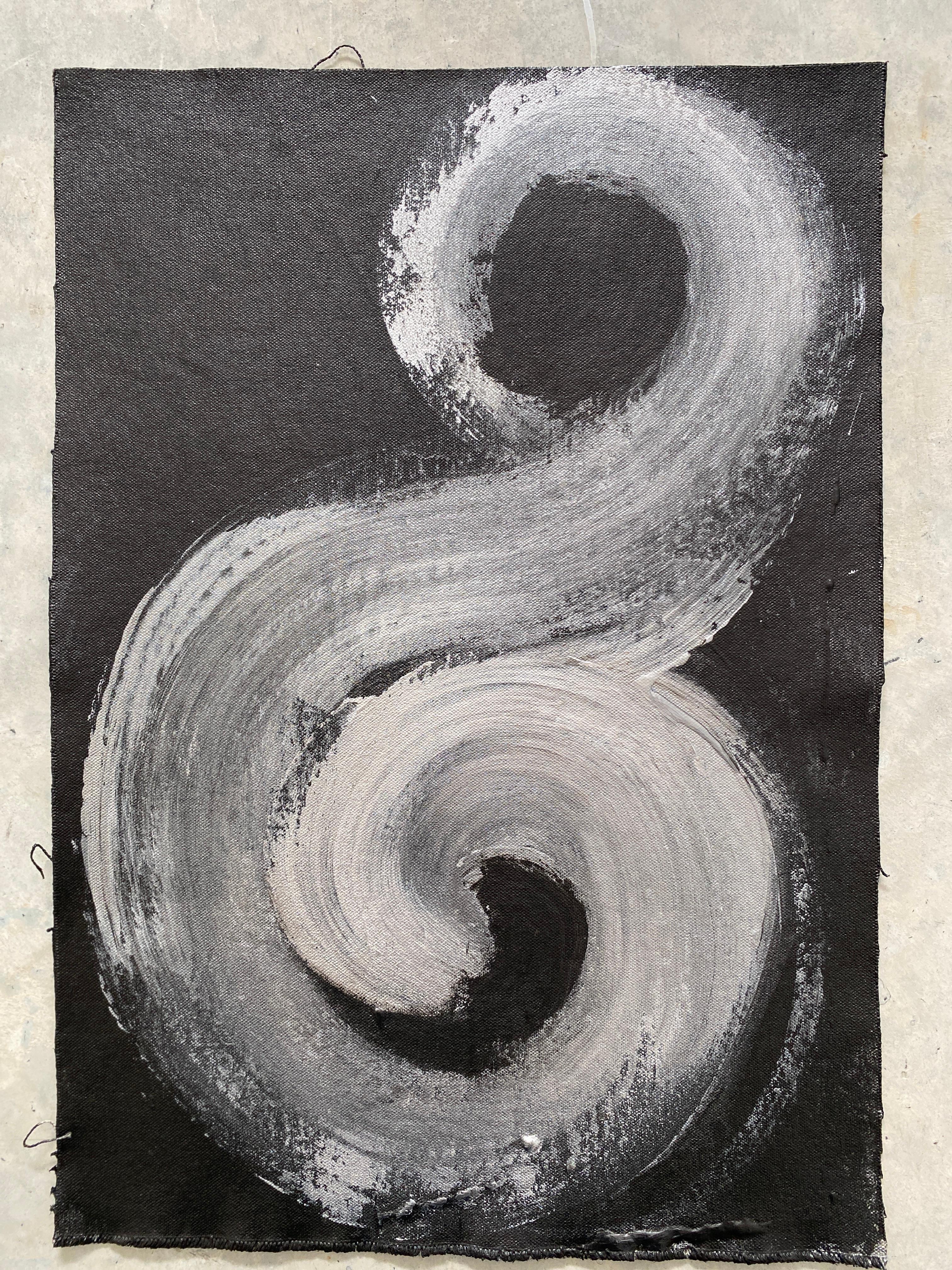 Minimalist Abstract Symbols Collection tribal silver black swirls circles no4 - Painting by Kathleen Rhee