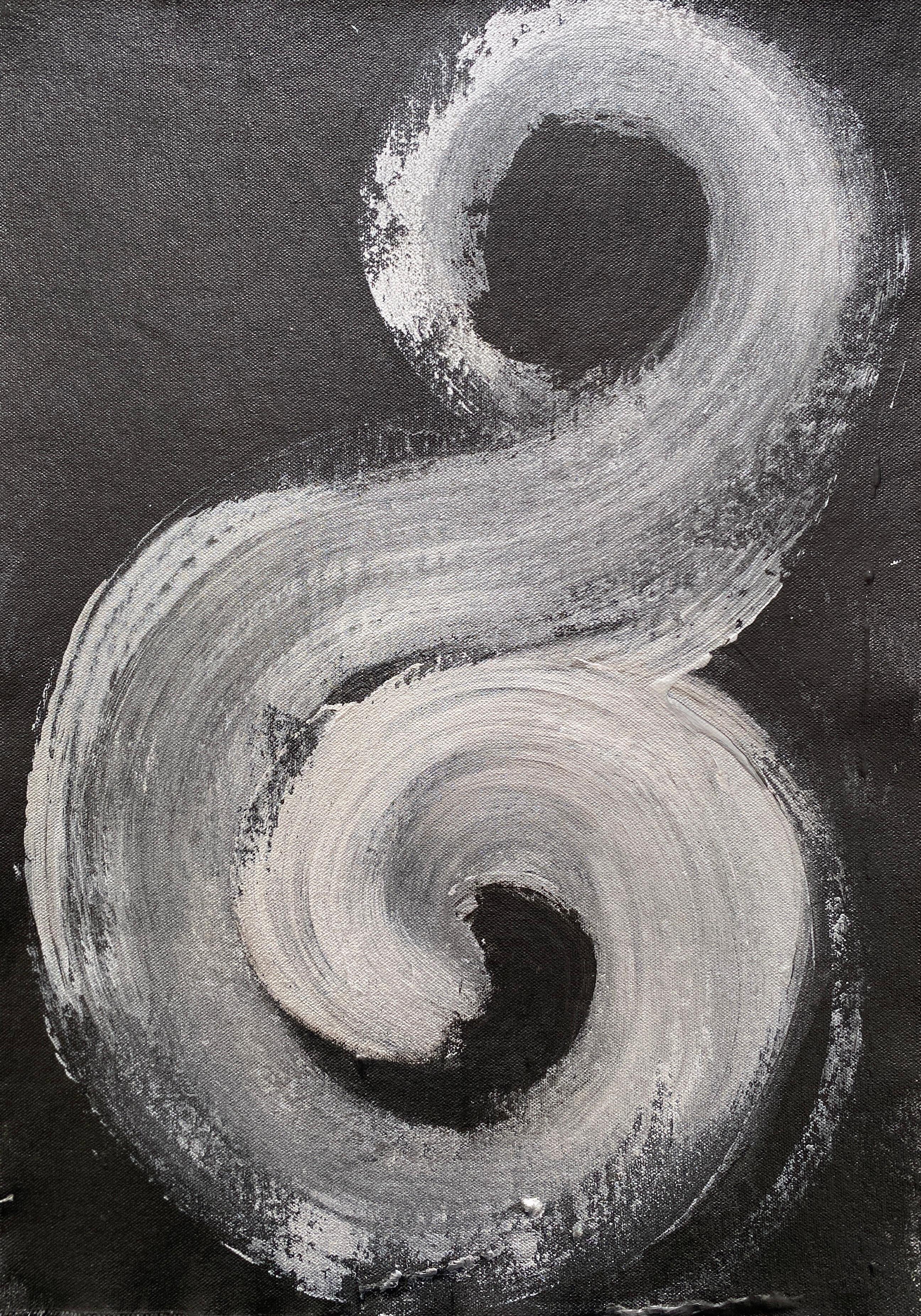 Kathleen Rhee Abstract Painting - Minimalist Abstract Symbols Collection tribal silver black swirls circles no4