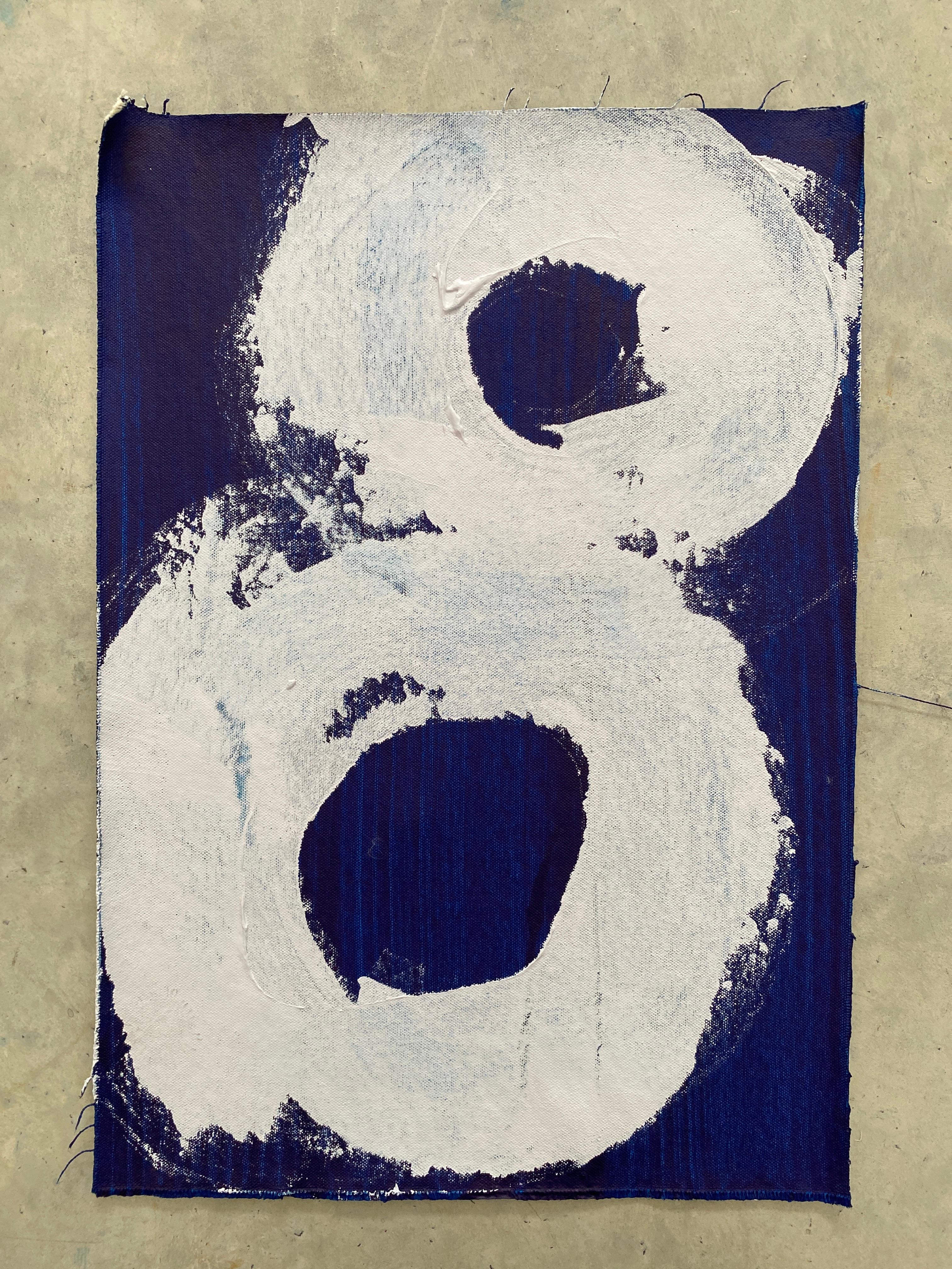 Minimalist Abstract Symbols grey white swirls circles painted on deep blue no1 - Painting by Kathleen Rhee