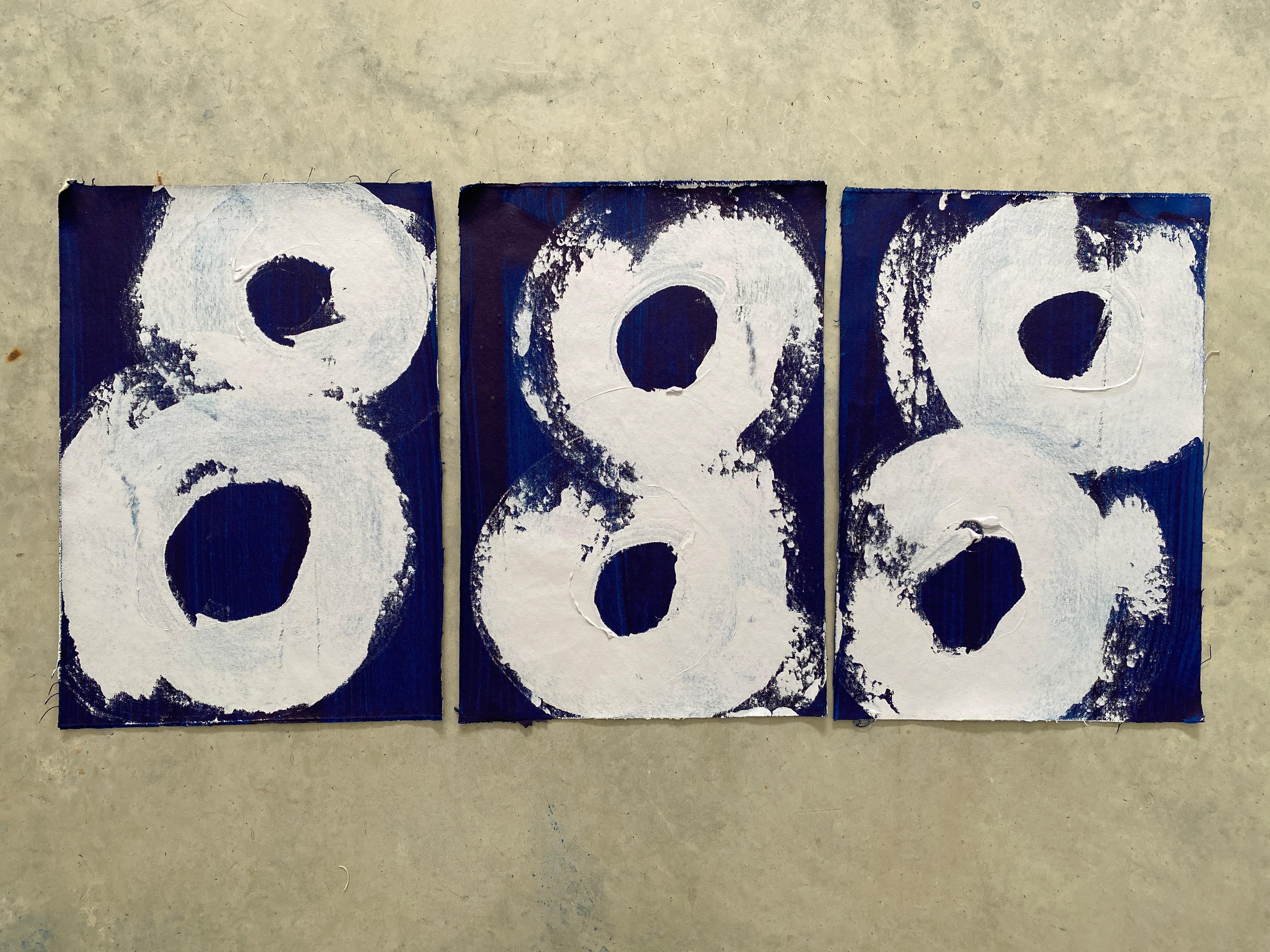 Minimalist Abstract Symbols grey white swirls circles painted on deep blue no1 For Sale 1