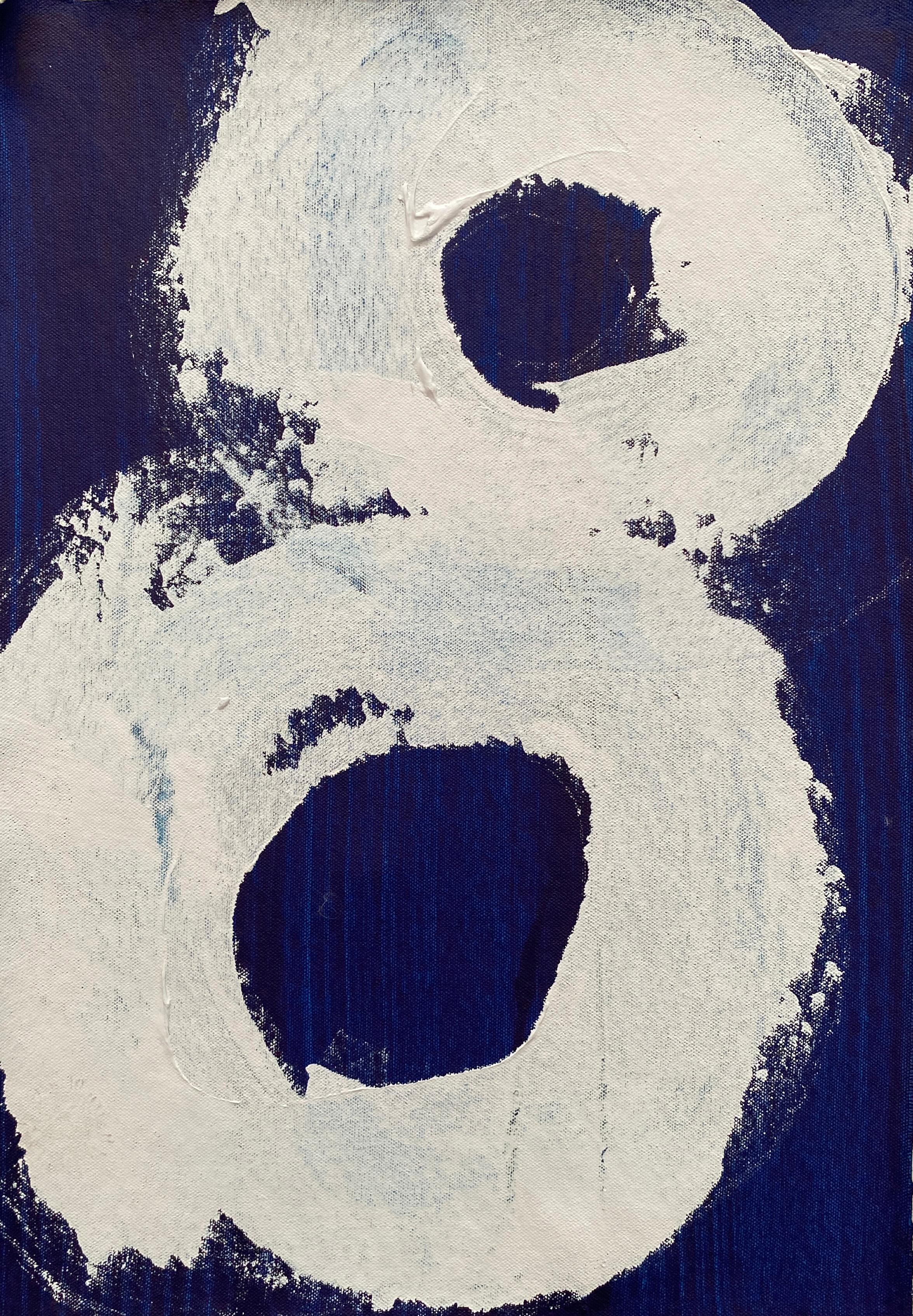 Kathleen Rhee Abstract Painting - Minimalist Abstract Symbols grey white swirls circles painted on deep blue no1