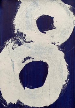 Minimalist Abstract Symbols grey white swirls circles painted on deep blue no1