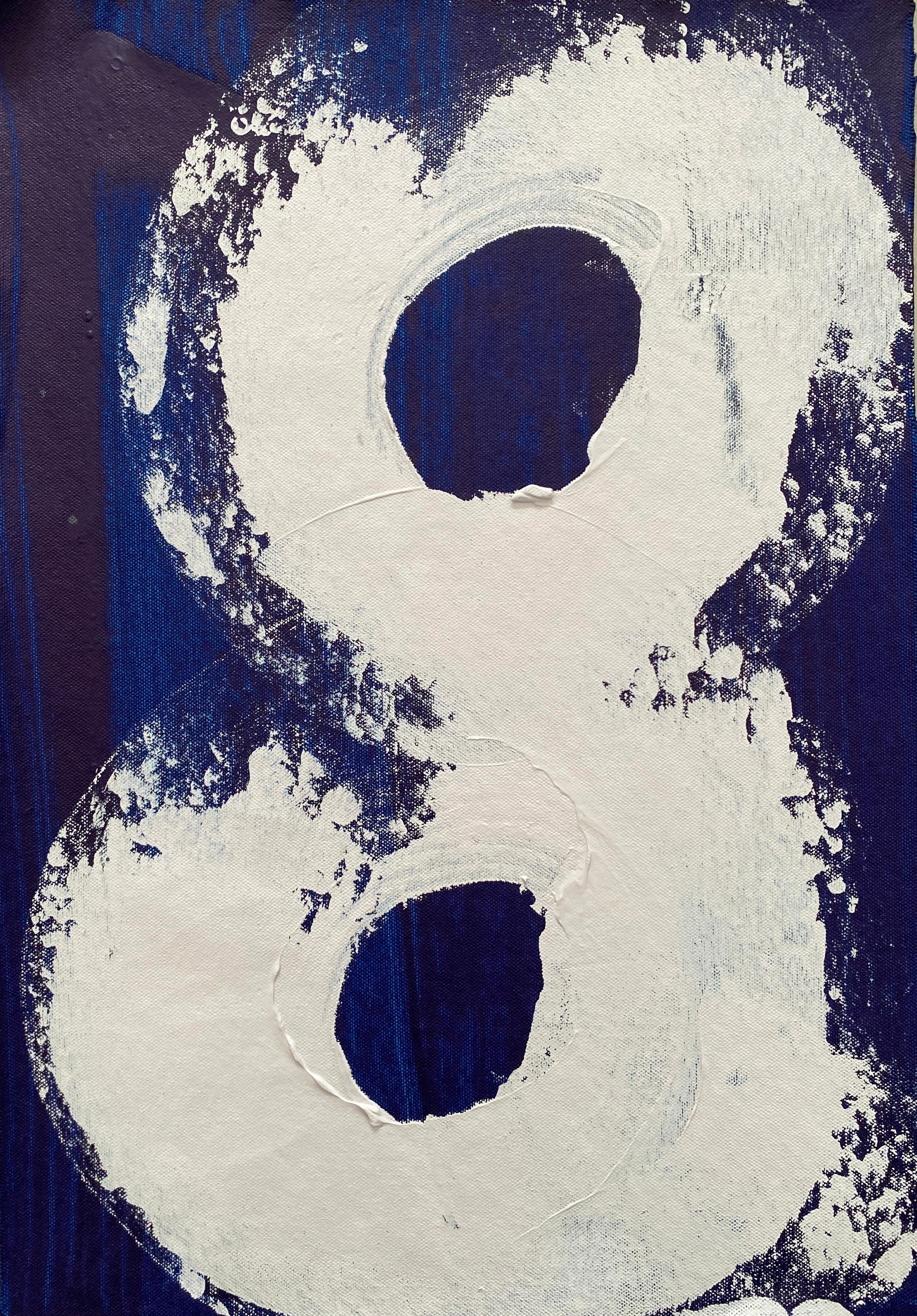 Kathleen Rhee Abstract Painting - Minimalist Abstract Symbols grey white swirls circles painted on deep blue no2