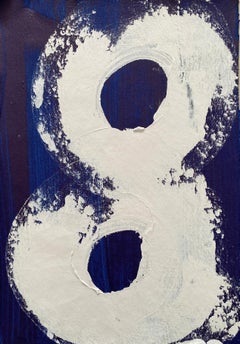 Minimalist Abstract Symbols grey white swirls circles painted on deep blue no2
