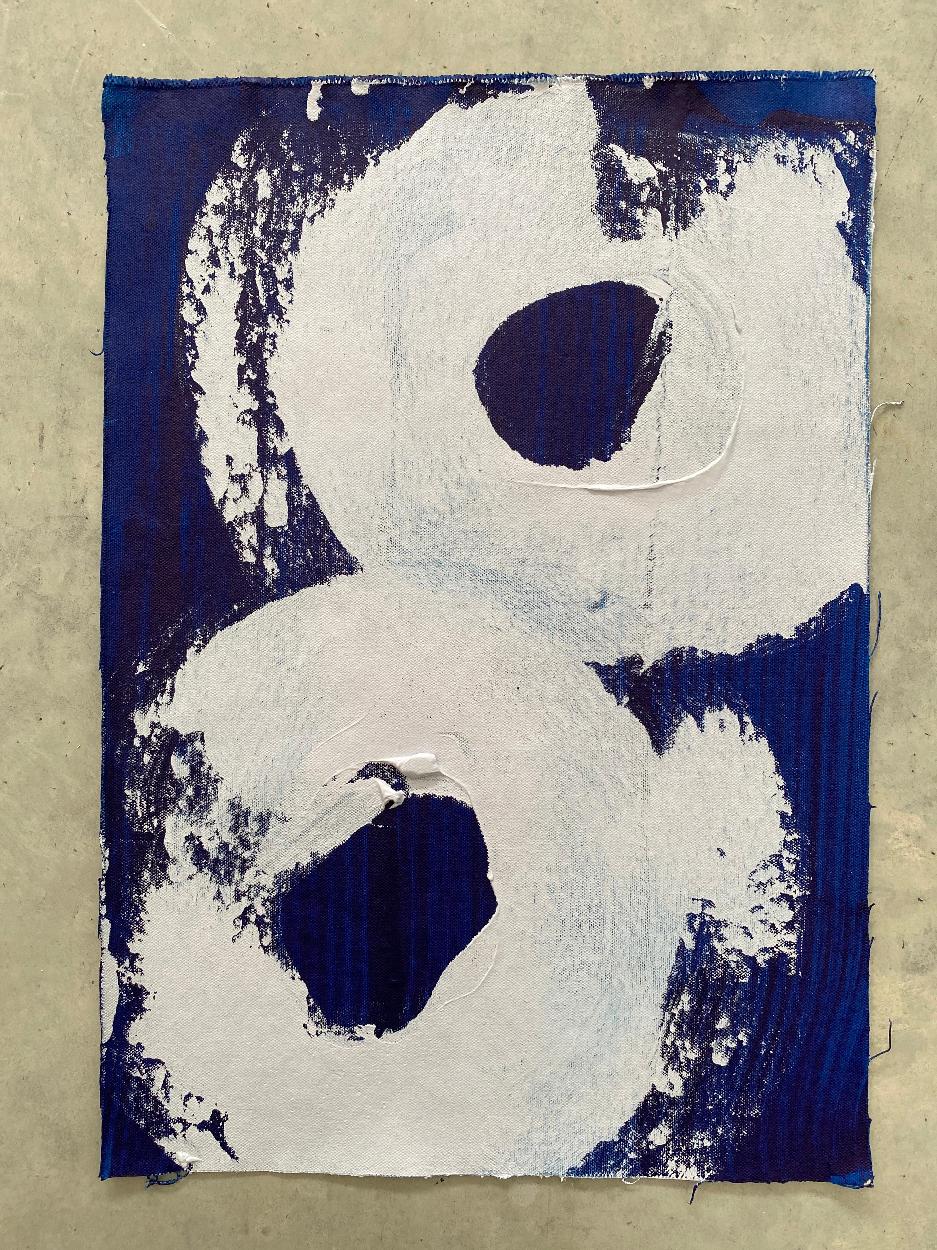 Minimalist Abstract Symbols grey white swirls circles painted on deep blue no3 For Sale 1