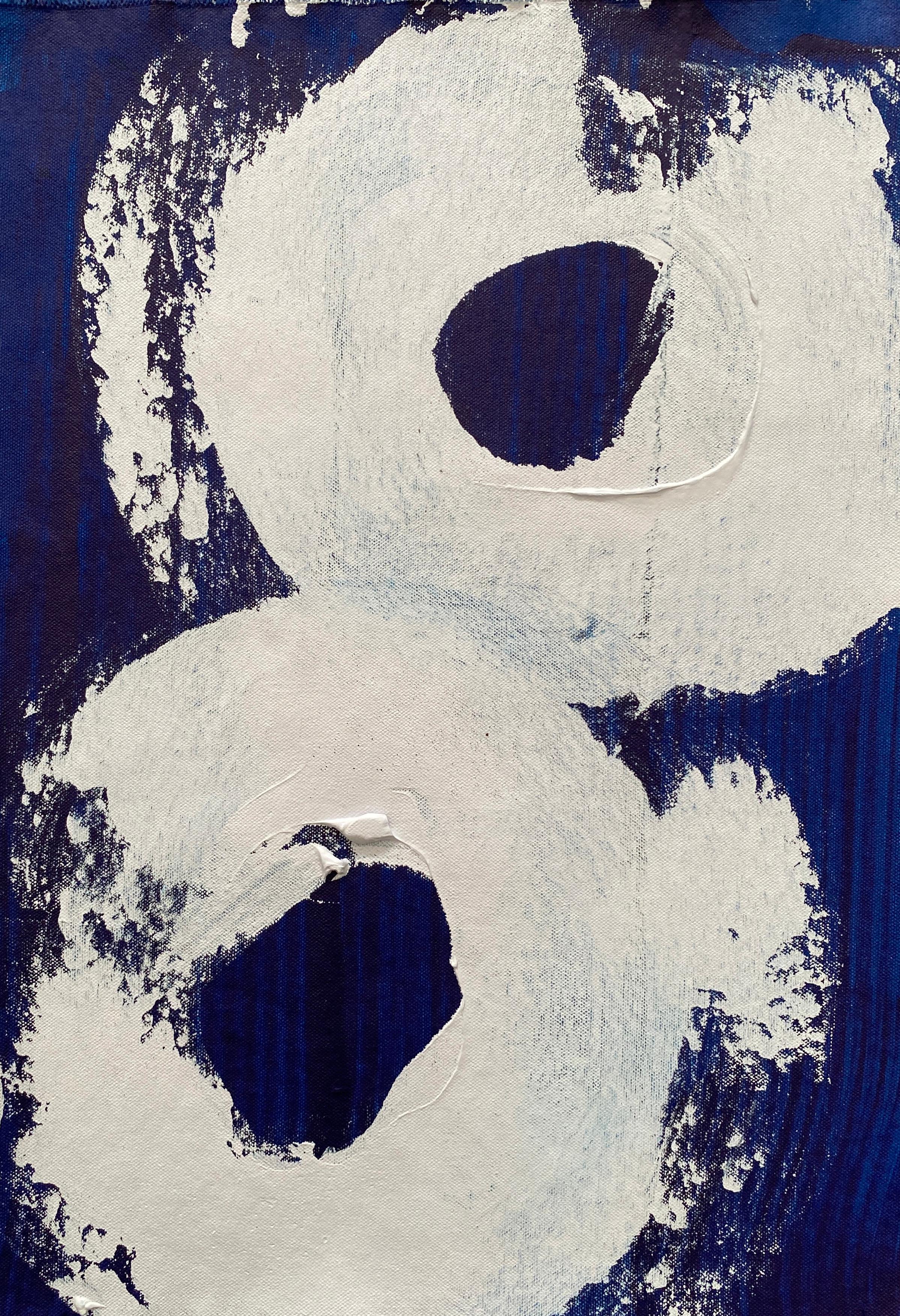 Kathleen Rhee Abstract Painting - Minimalist Abstract Symbols grey white swirls circles painted on deep blue no3