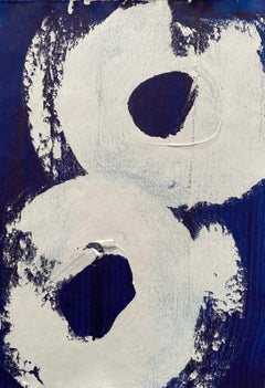 Minimalist Abstract Symbols grey white swirls circles painted on deep blue no3