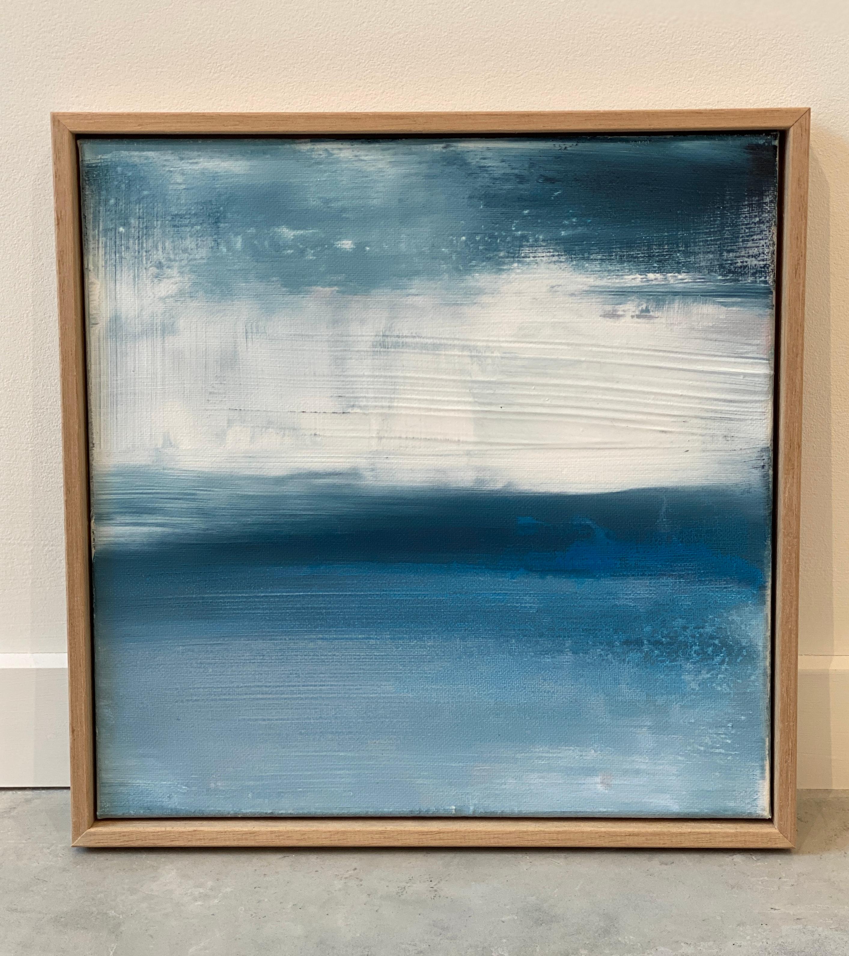 Morning Mist small framed abstract expressionist painting in blue and aqua - Painting by Kathleen Rhee