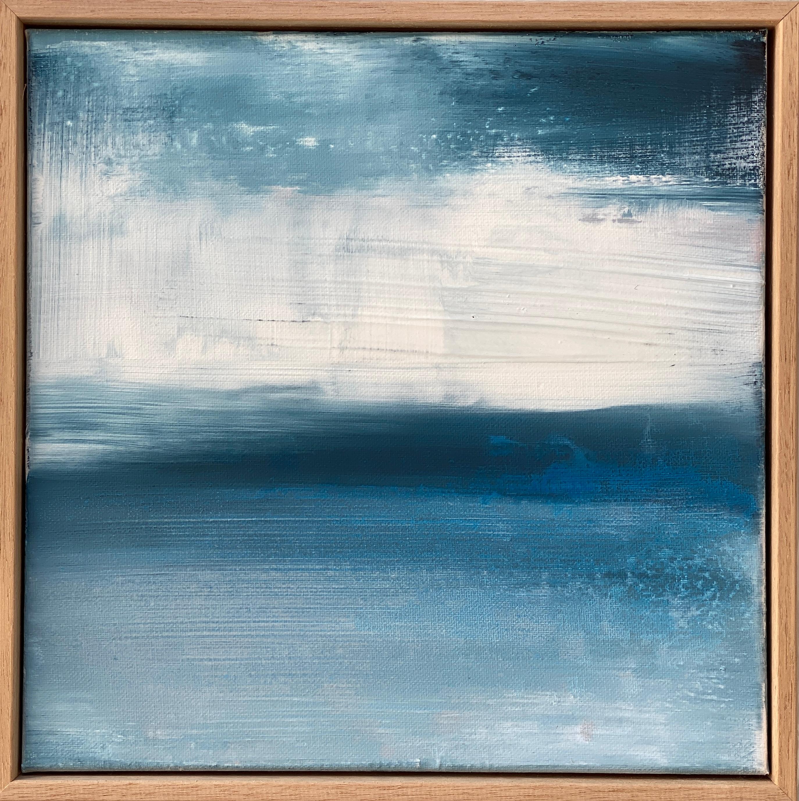 Kathleen Rhee Abstract Painting - Morning Mist small framed abstract expressionist painting in blue and aqua