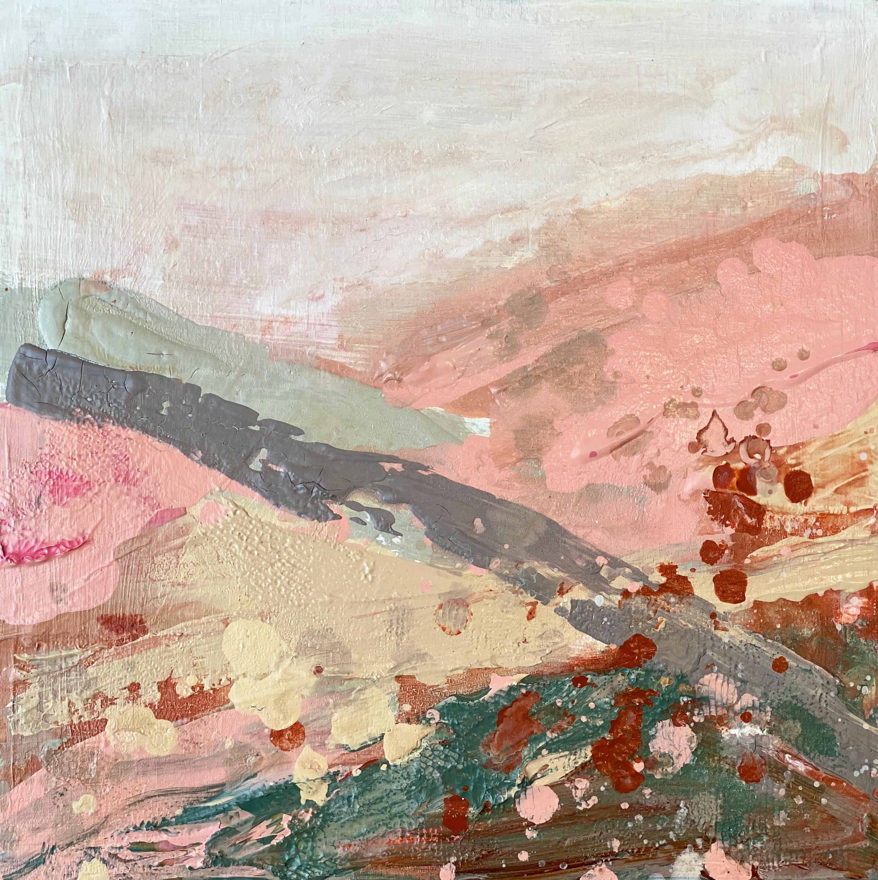 Kathleen Rhee Landscape Painting - Mountain hillside no1 abstract impressionist landscape fuzzy peach grey green 