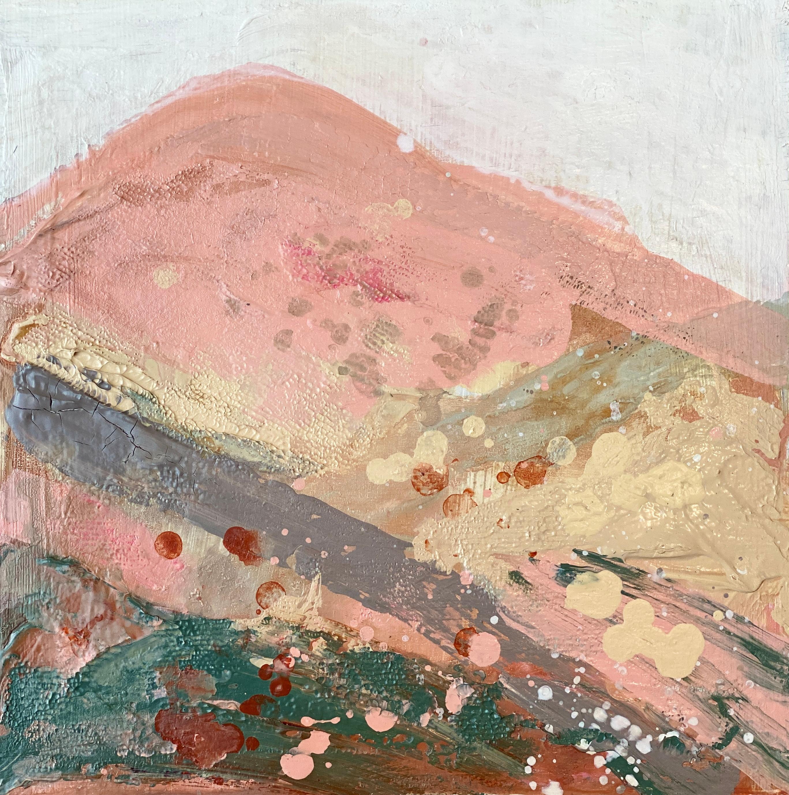 Kathleen Rhee Landscape Painting - Mountain sketch no2 abstract impressionist landscape fuzzy peach grey green hill