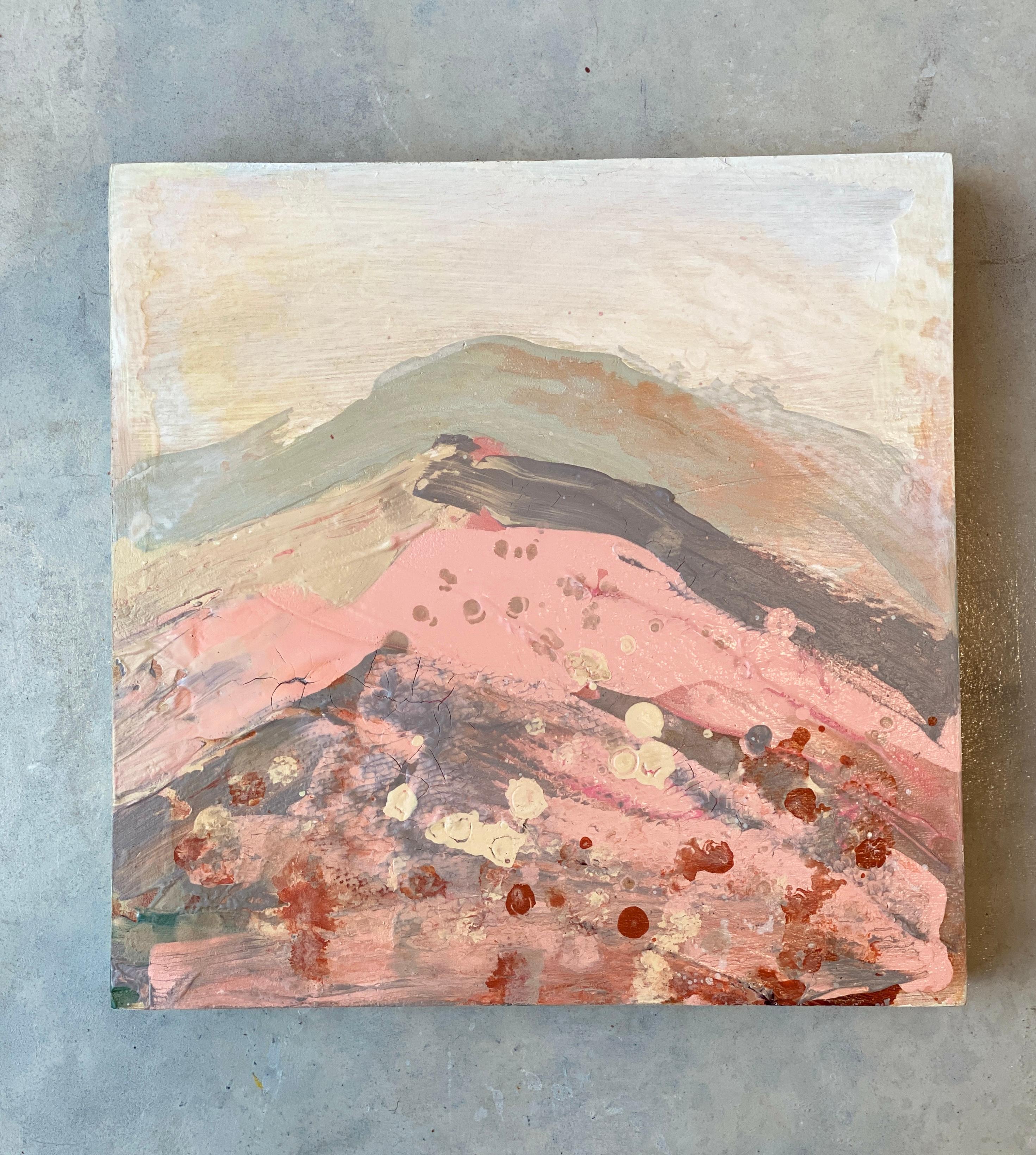 Mountain hillside no3 abstract impressionist landscape fuzzy peach grey green - Painting by Kathleen Rhee