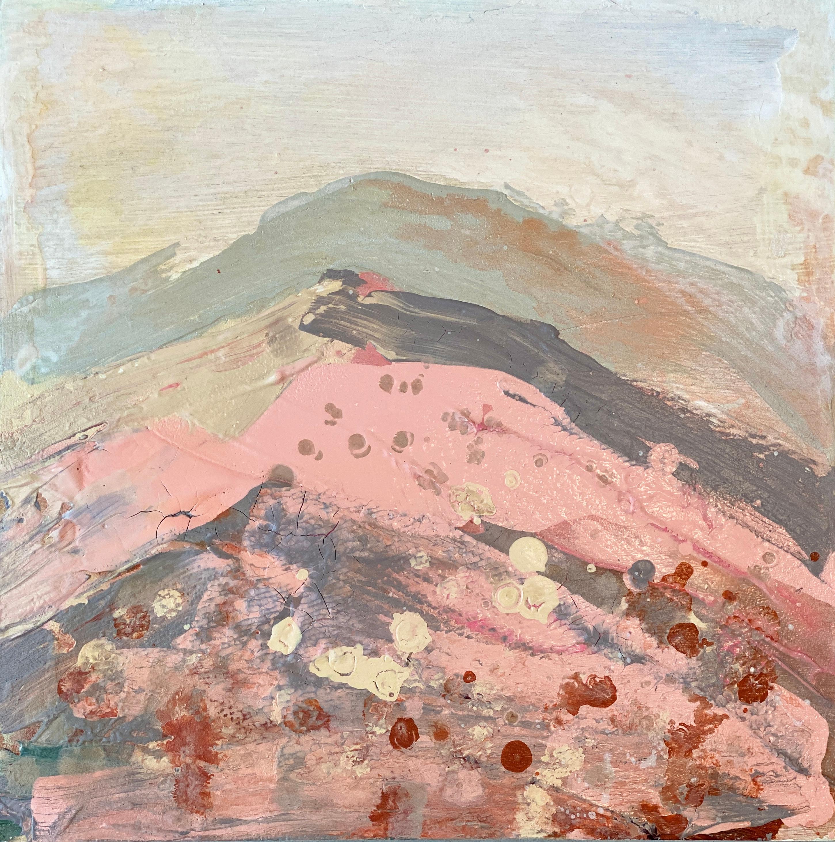 Kathleen Rhee Landscape Painting - Mountain hillside no3 abstract impressionist landscape fuzzy peach grey green