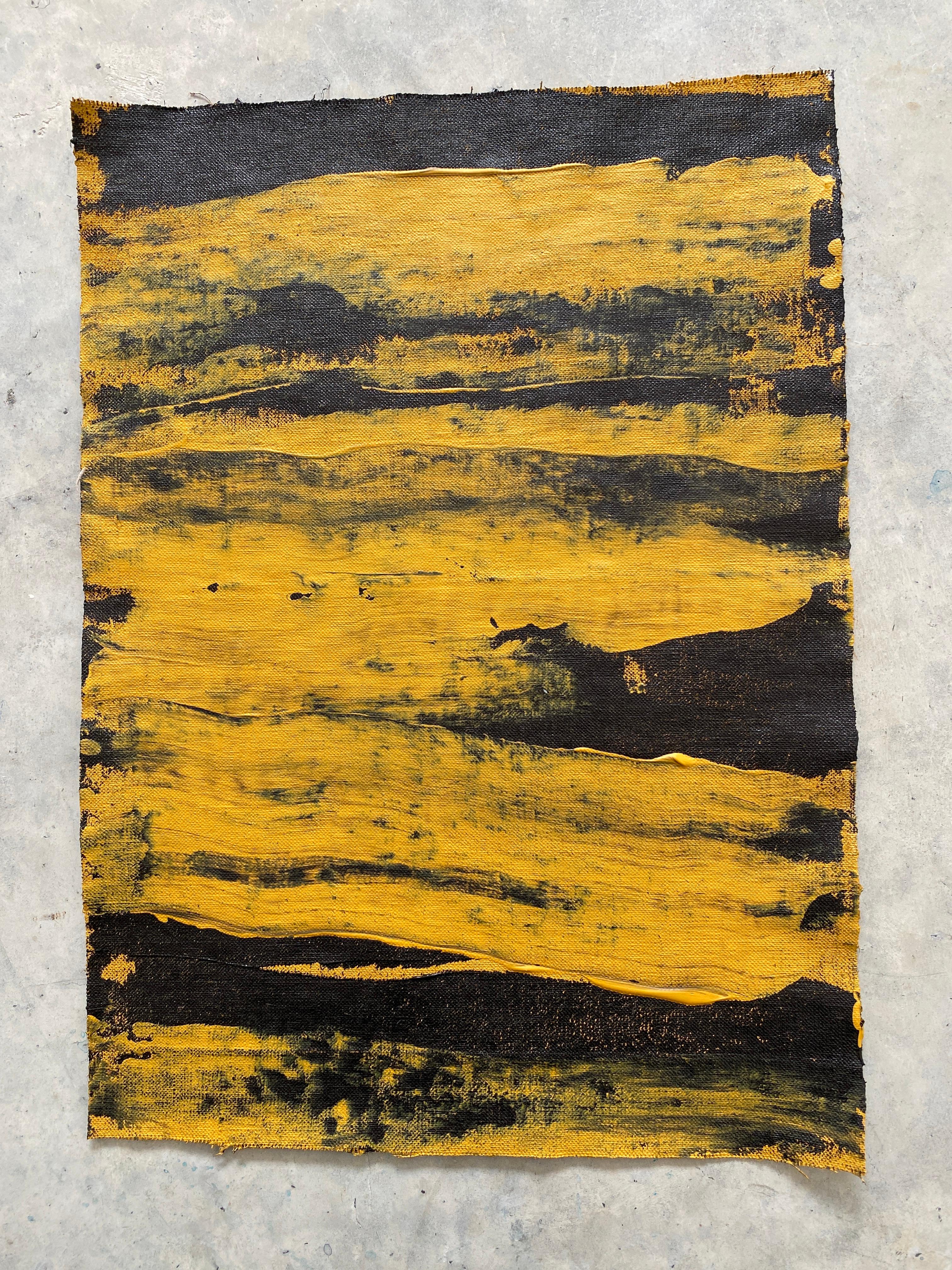 Mustard swipe black linen Minimalist Abstract Symbols Collection tribal  - Painting by Kathleen Rhee