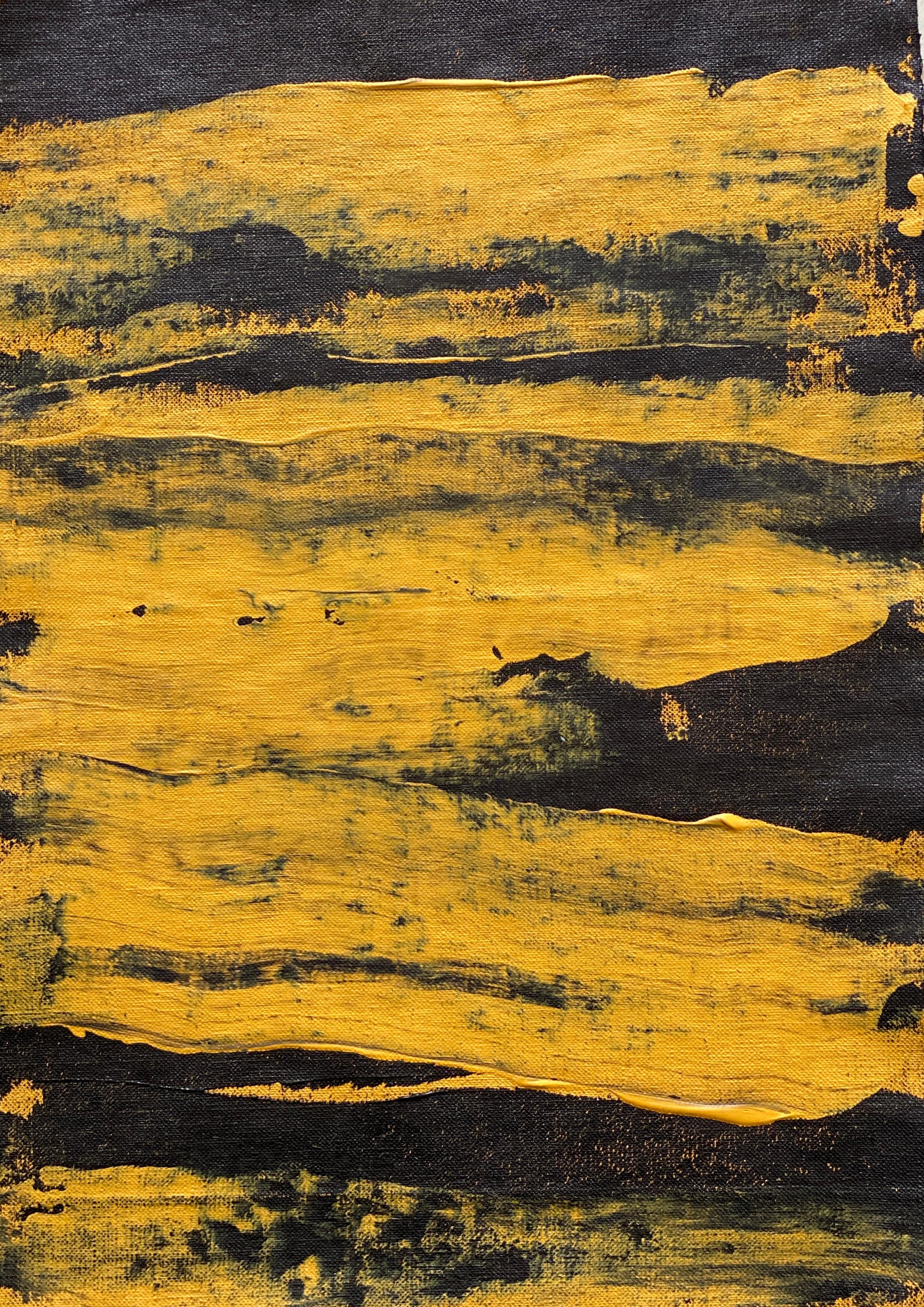 Kathleen Rhee Abstract Painting - Mustard swipe black linen Minimalist Abstract Symbols Collection tribal 