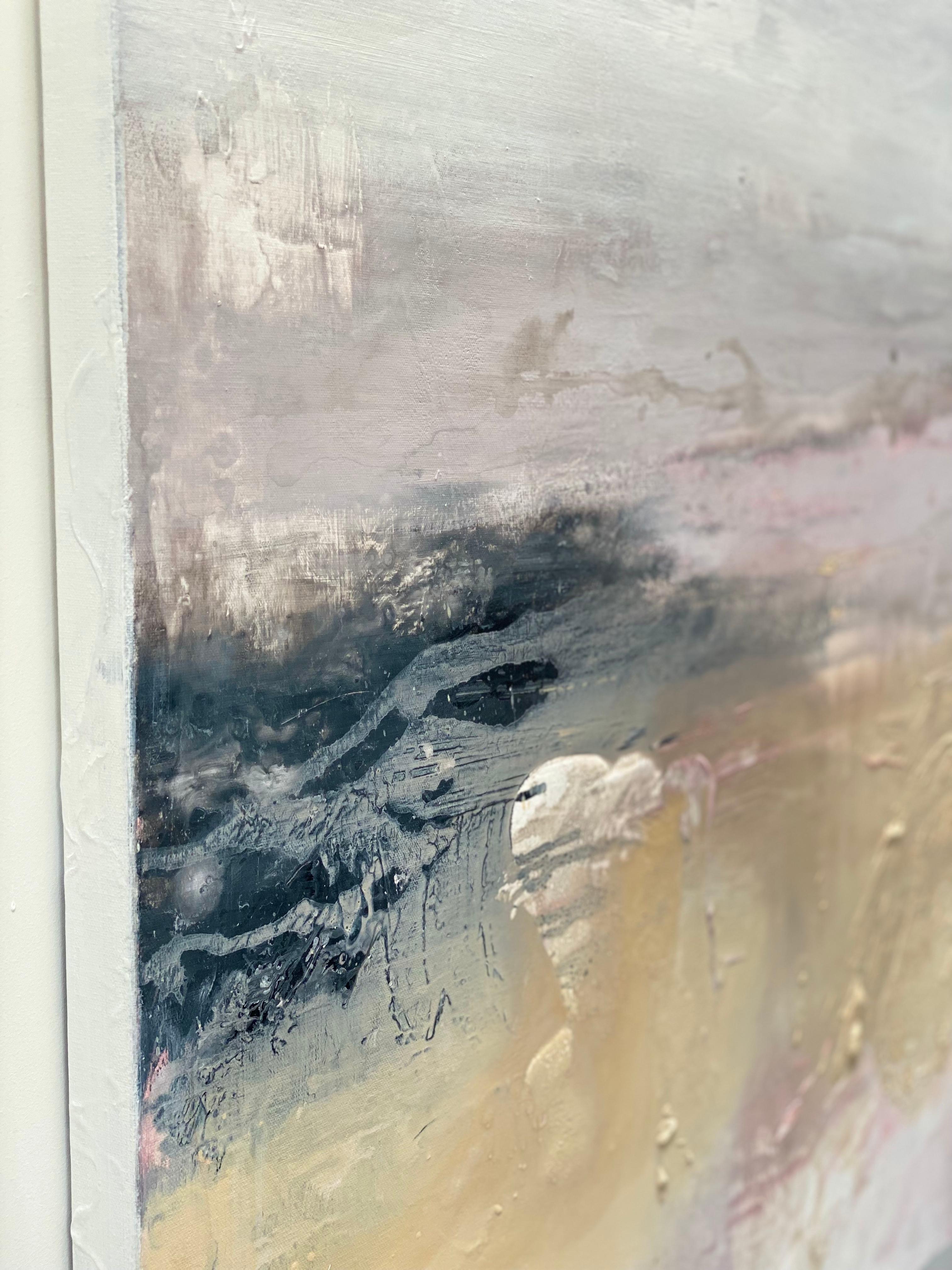 Inspired by the Australian landscape 'Mystical Colour no.1' is an elegant abstract expressionist landscape painted in colours of pale blush, pale grey, ash, black, sand and white giving off a calming, joyous energy.  
This delicate colour palette is
