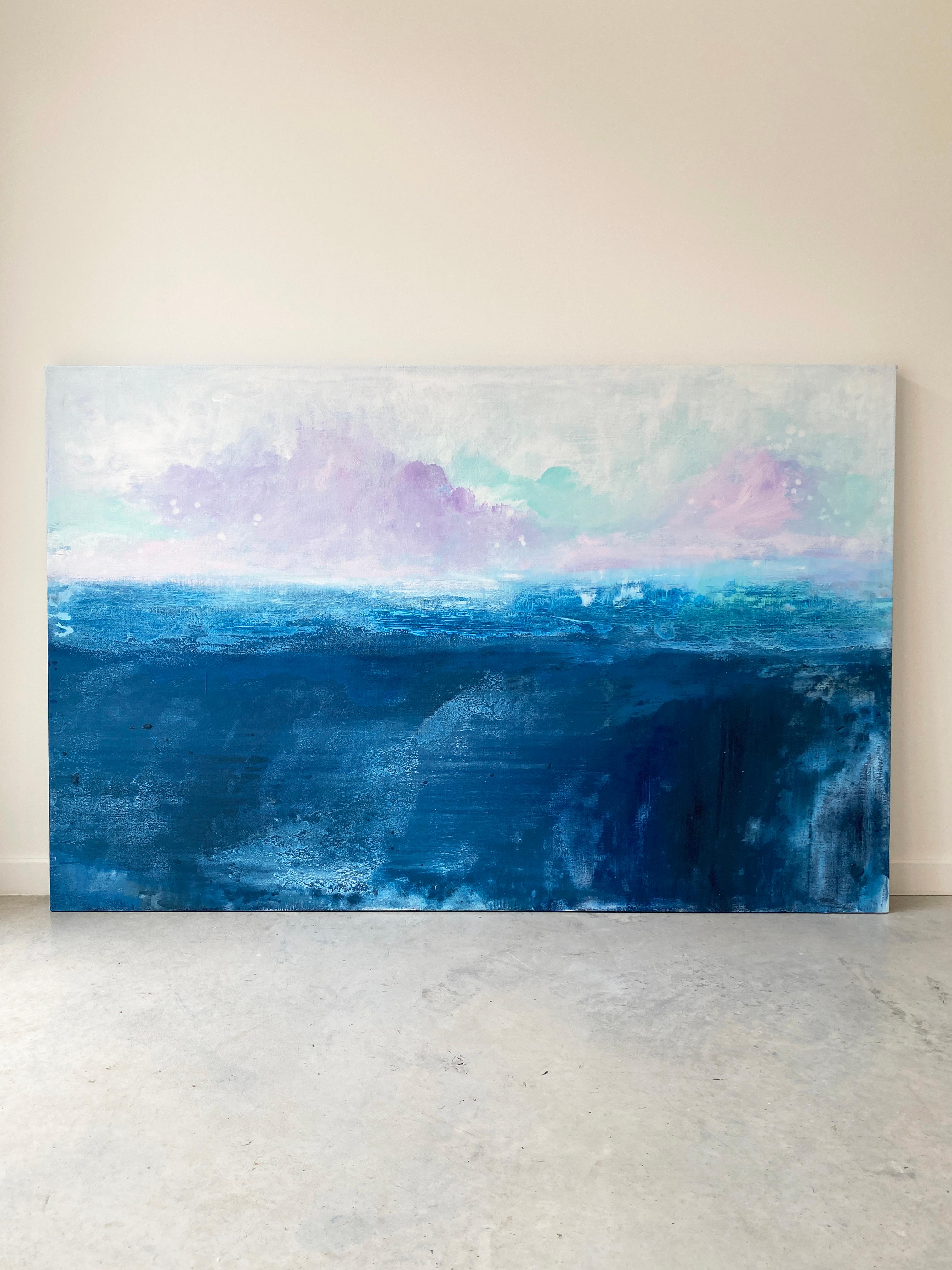 New Day Beginning blue ocean abstract landscape cloudy impressionism sky  - Abstract Painting by Kathleen Rhee