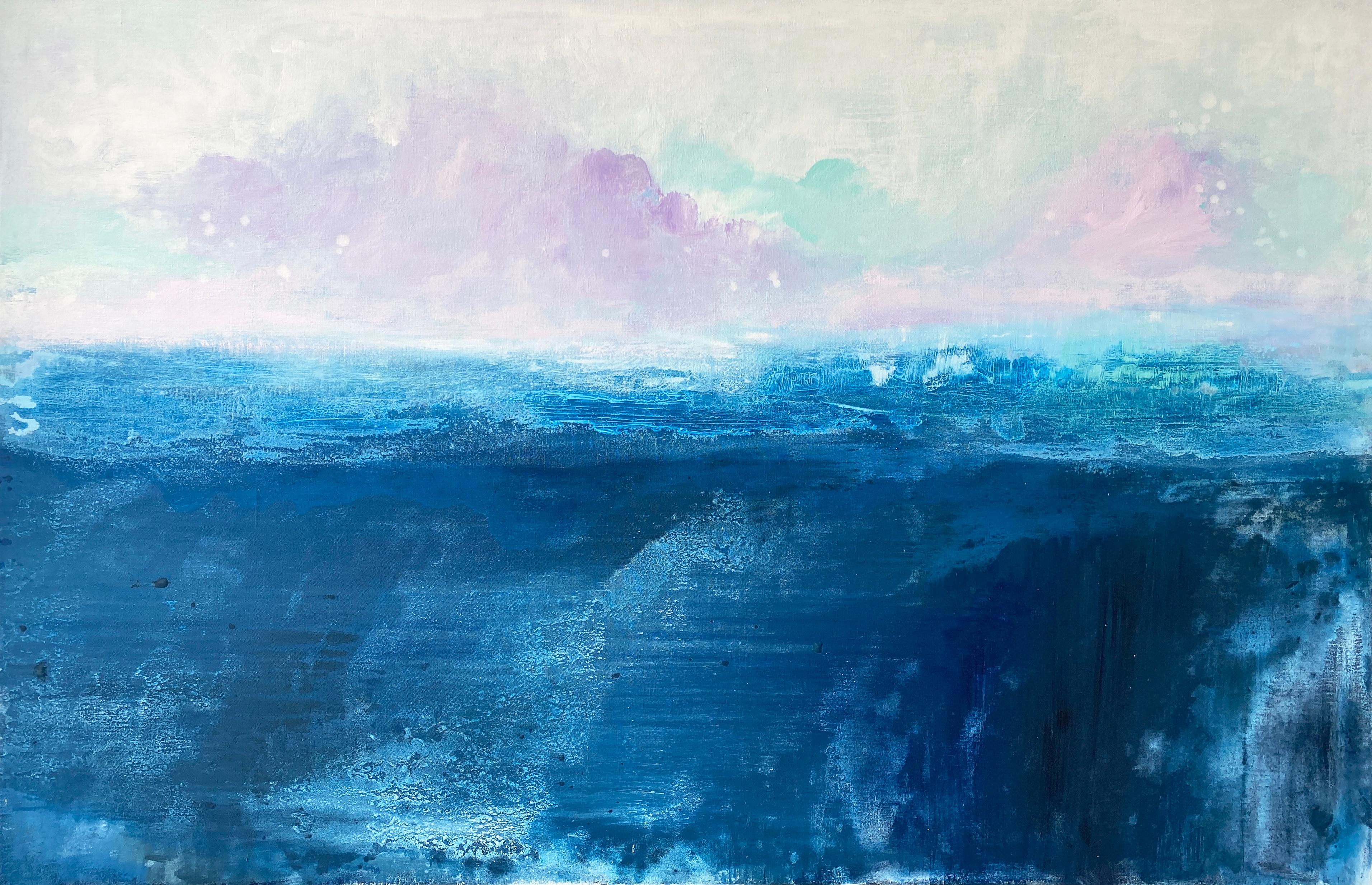 Kathleen Rhee Landscape Painting - New Day Beginning blue ocean abstract landscape cloudy impressionism sky 