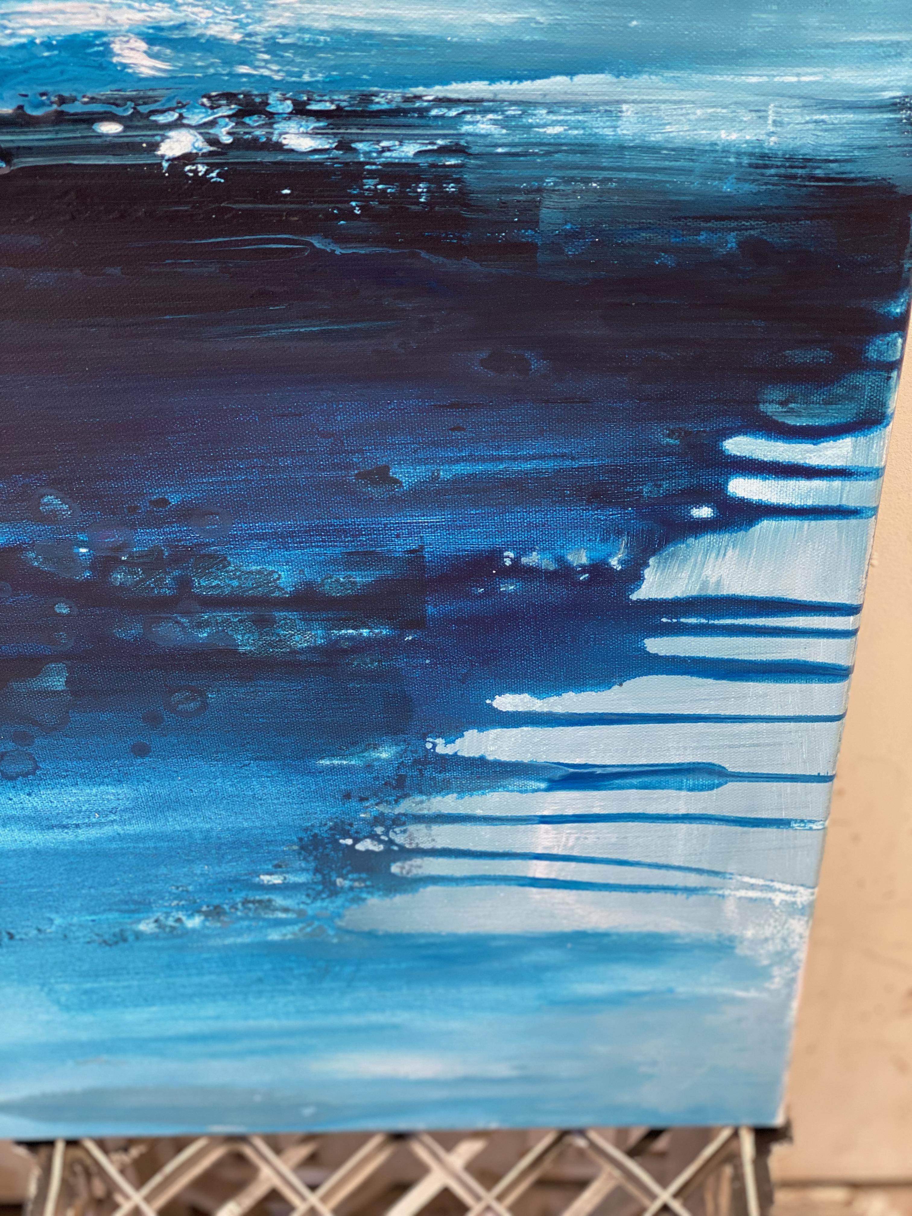 Night Shadows abstract ocean seascape painting on canvas deep dark blue white For Sale 5