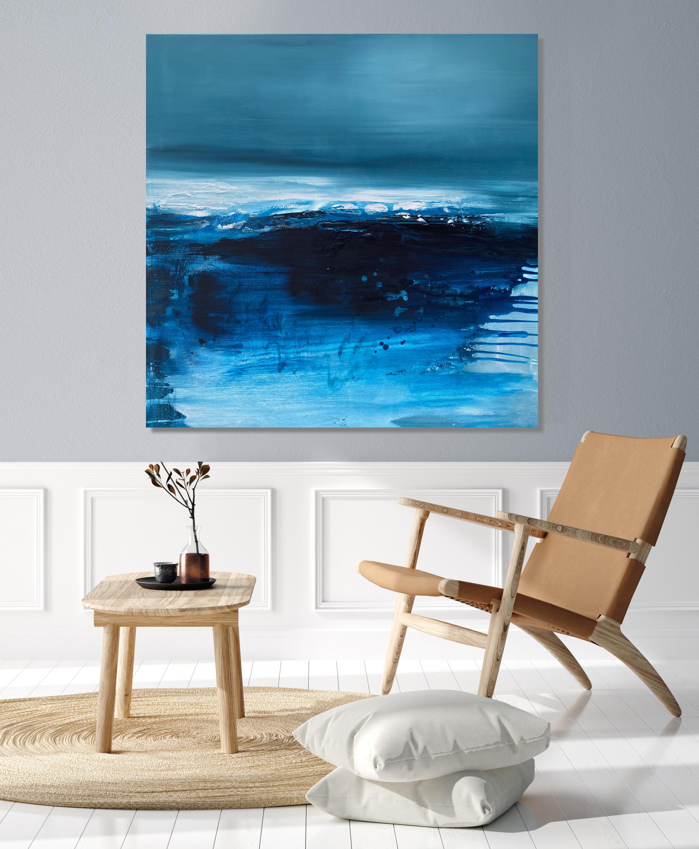 Night Shadows abstract ocean seascape painting on canvas deep dark blue white - Painting by Kathleen Rhee