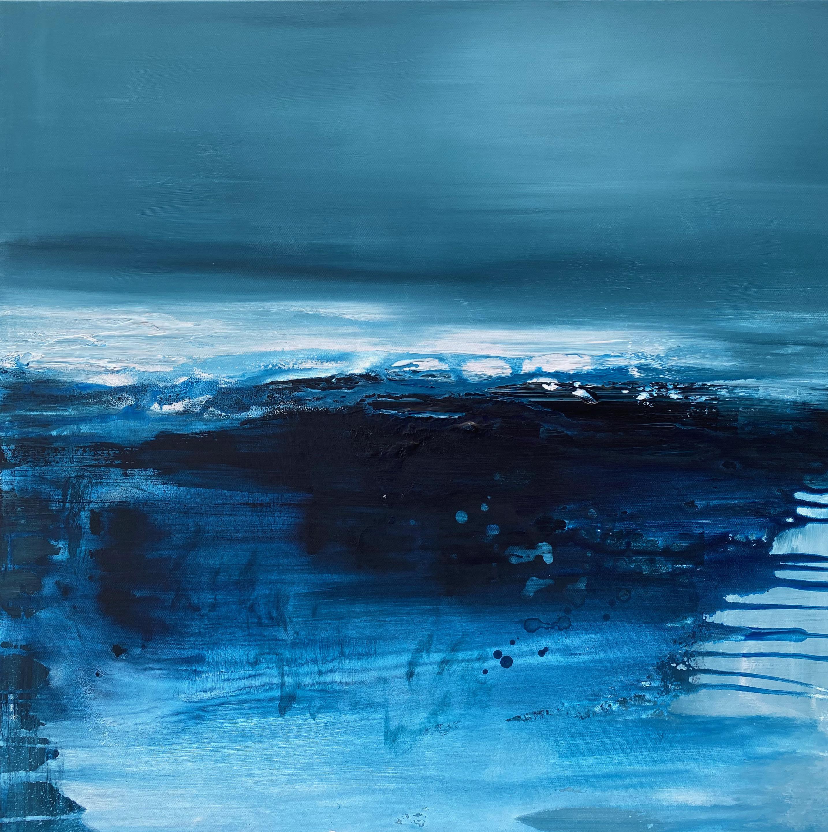 Kathleen Rhee Abstract Painting – Nacht Schatten, abstraktes Meeres- und Meereslandschaftsgemälde auf Leinwand in Dunkelblau und Weiß