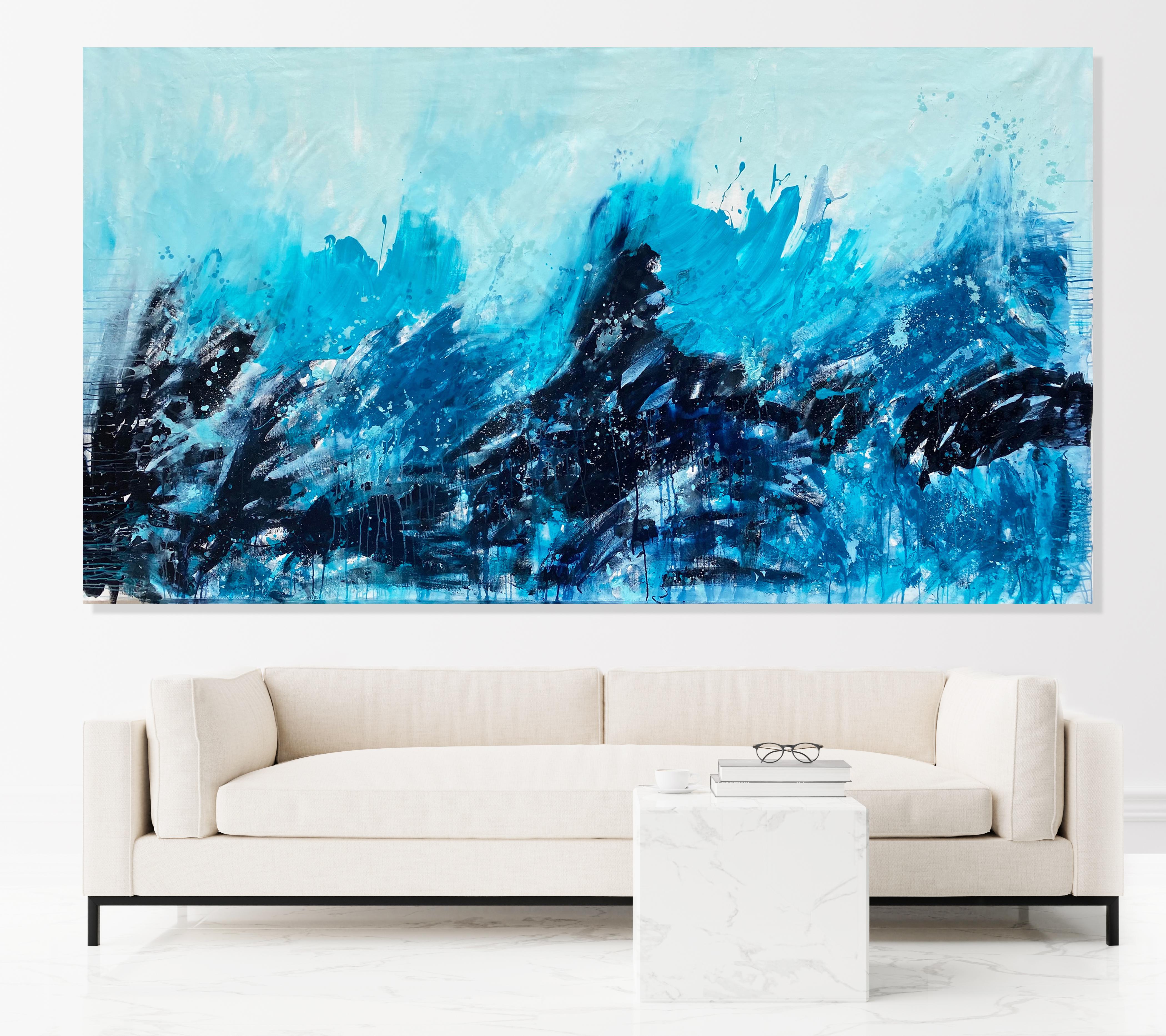 Not Drowning Waving, großes abstraktes expressionistisches Gemälde in Meeresblau – Painting von Kathleen Rhee