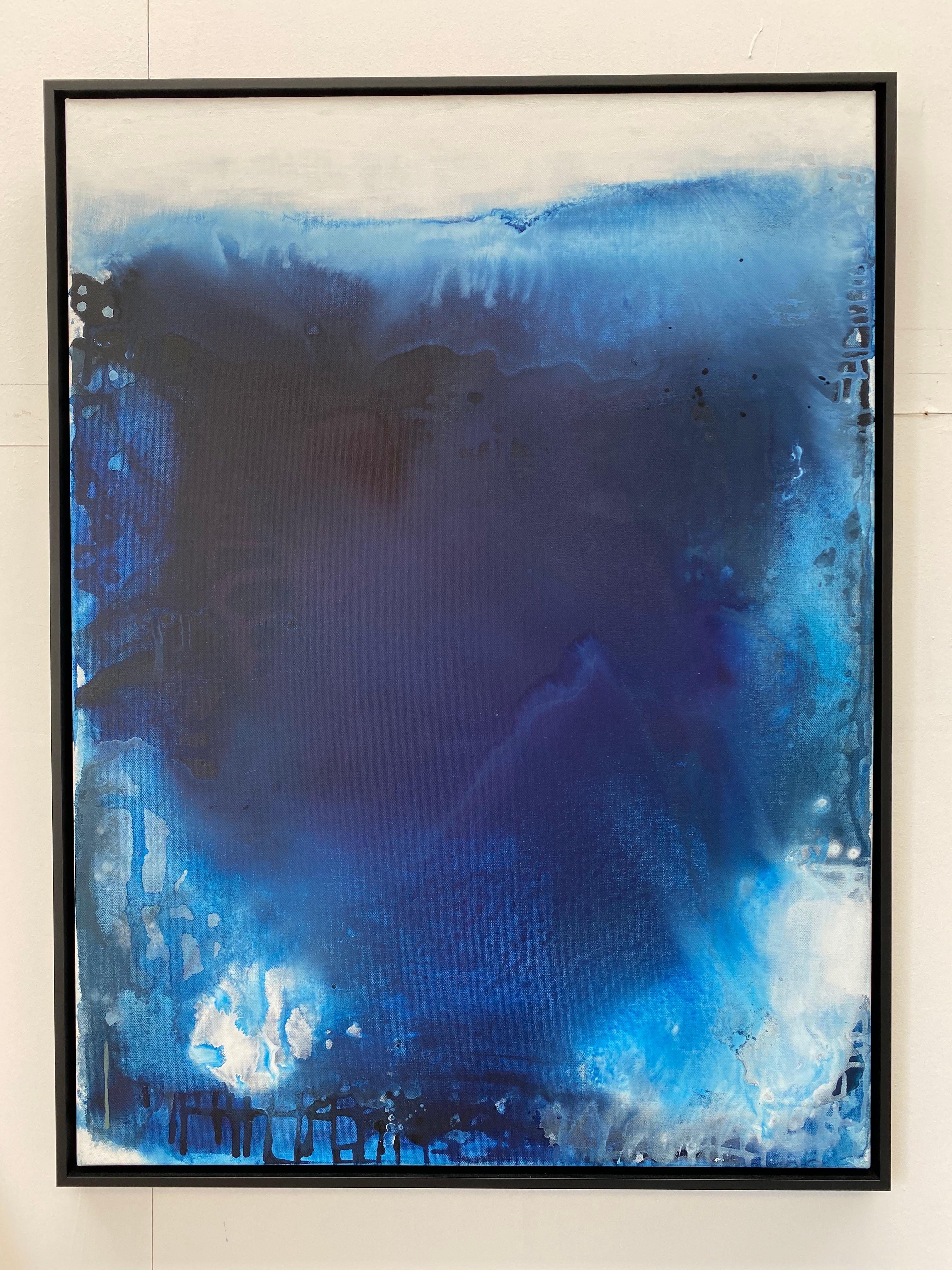Ocean Depths no3 abstract impressionist blue oceanscape custom framed in black  - Painting by Kathleen Rhee
