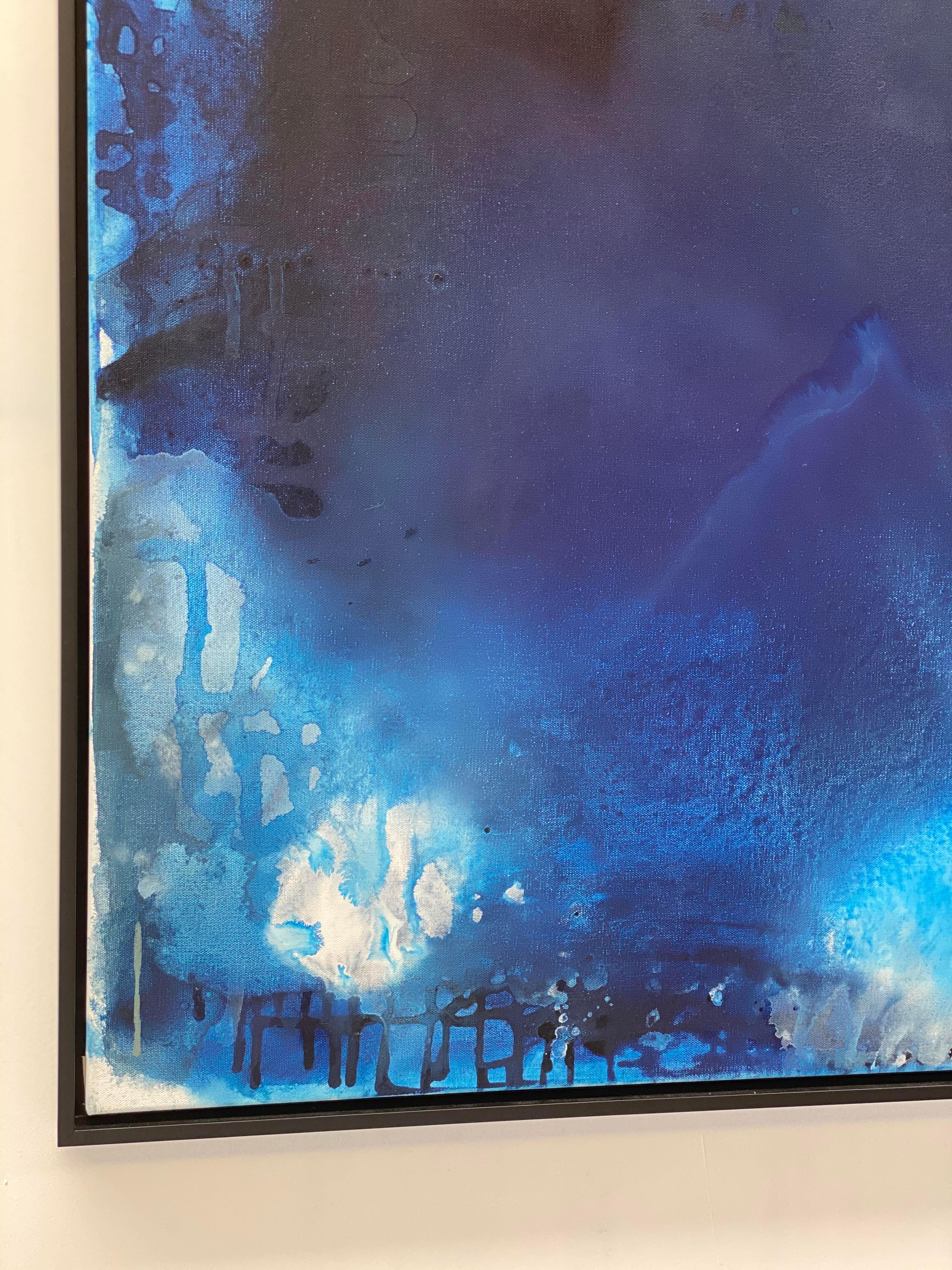 Celebrating Yves Klein blue, experience the energy and elegance of this dramatic abstract expressionist series Ocean Depths. Organic flowing form in shades and tones of deep blue ocean like waters, rich in warmth, depths, darkness and bright light