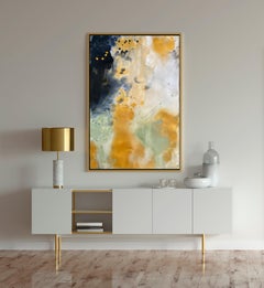 Organic abstract expression painting black gold metallic olive green paper no1
