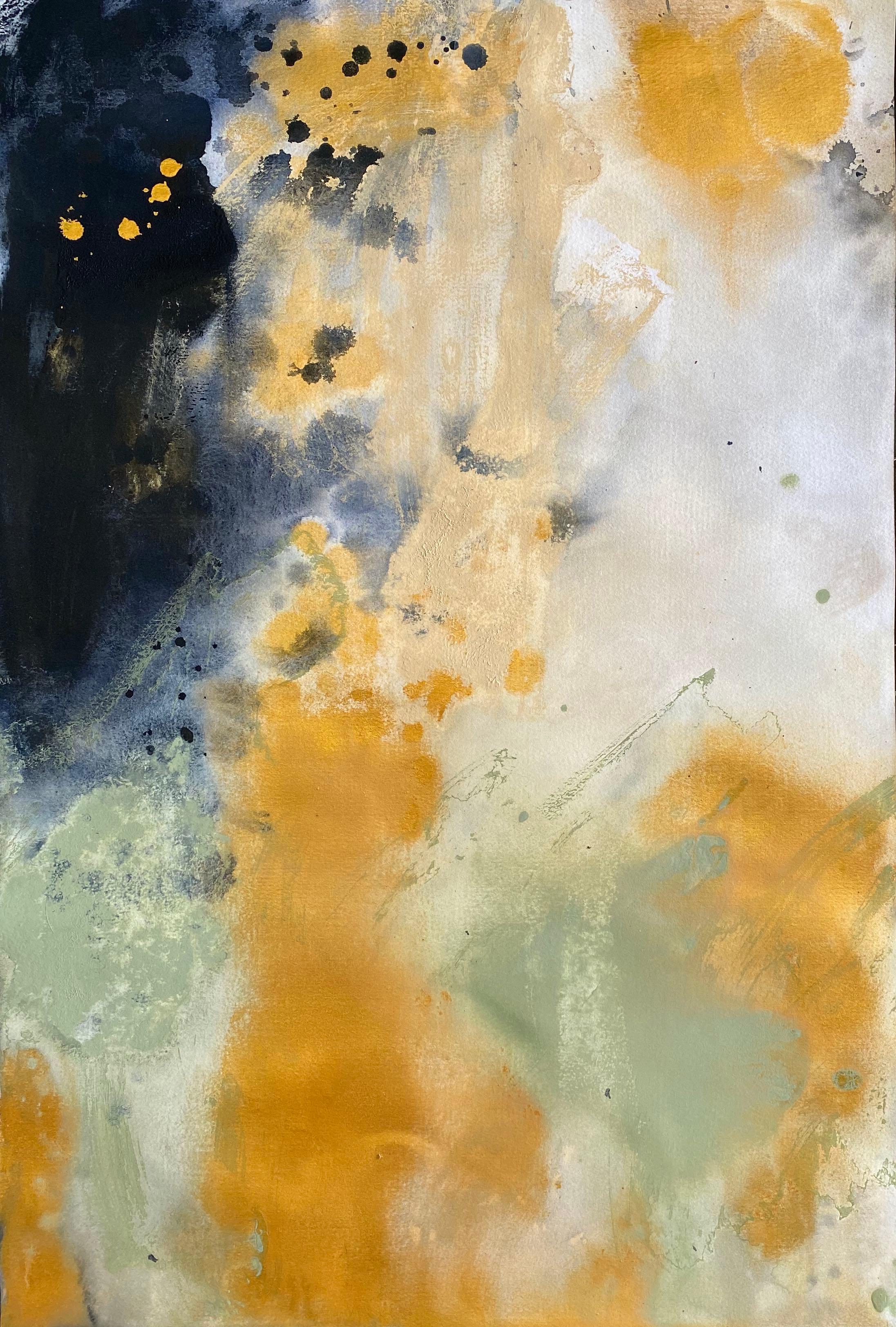 Kathleen Rhee Abstract Painting – Organischer abstrakter Ausdrucksgemälde Schwarzgold Metallic Olivgrünes Papier no1
