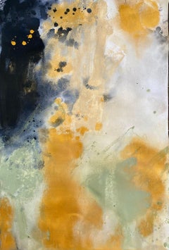 Organic abstract expression painting black gold metallic olive green paper no1