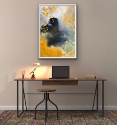 Organic abstract expression painting black gold metallic olive green paper no2