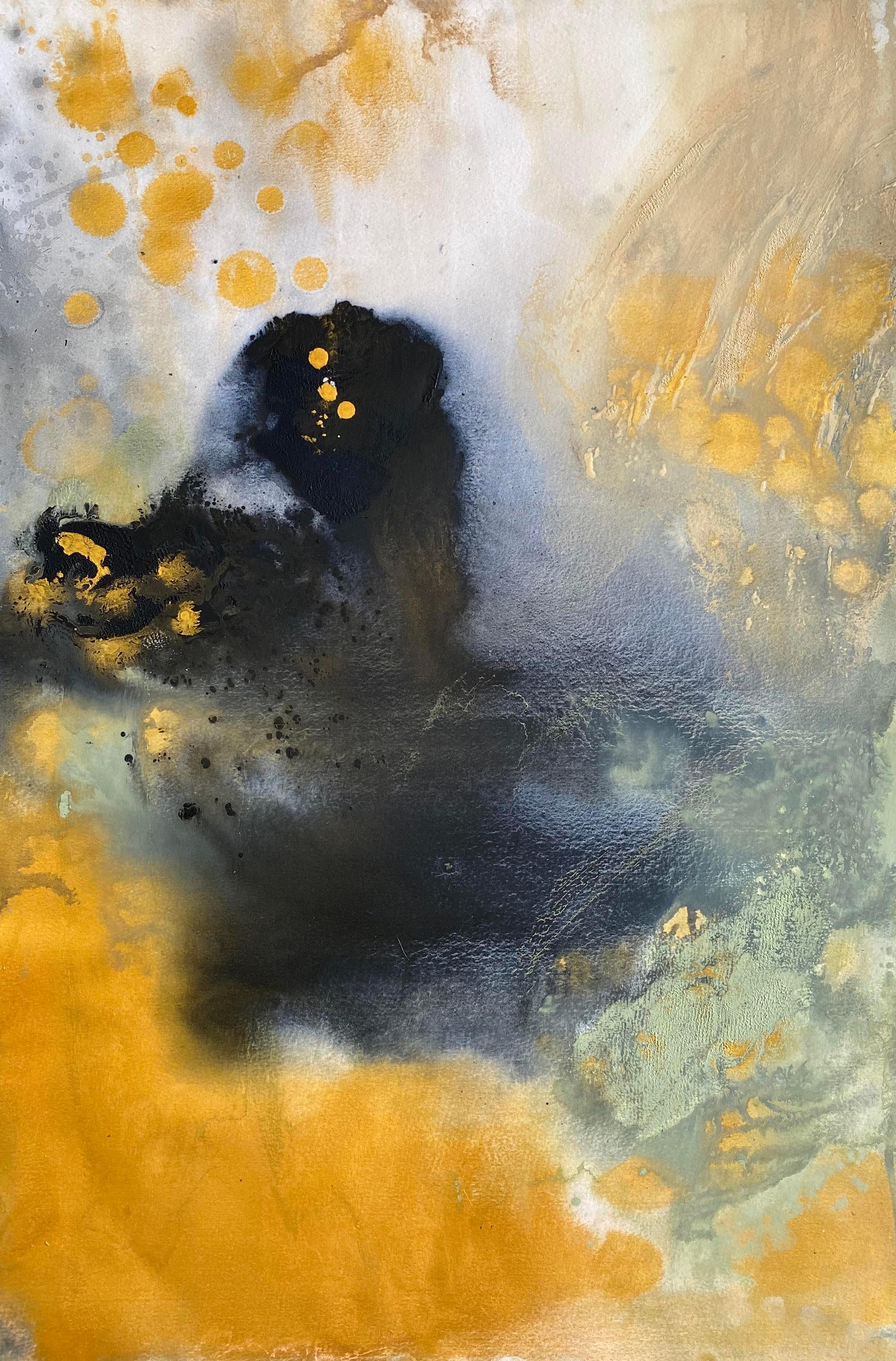 Kathleen Rhee Abstract Painting – Organischer abstrakter Ausdrucksgemälde Schwarzgold Metallic Olivgrünes Papier no2