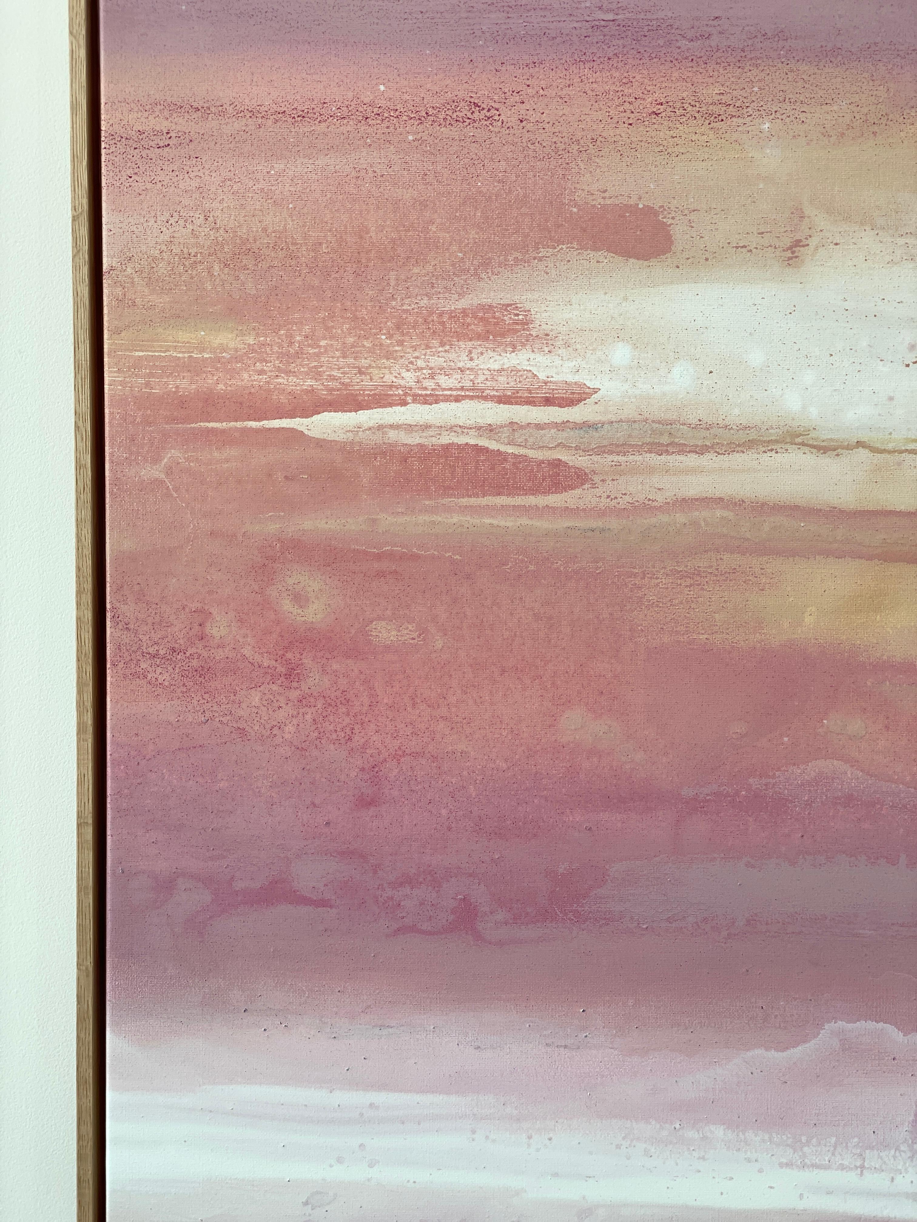 Large pink peach white abstract expressionist painting framed ready to hang For Sale 7