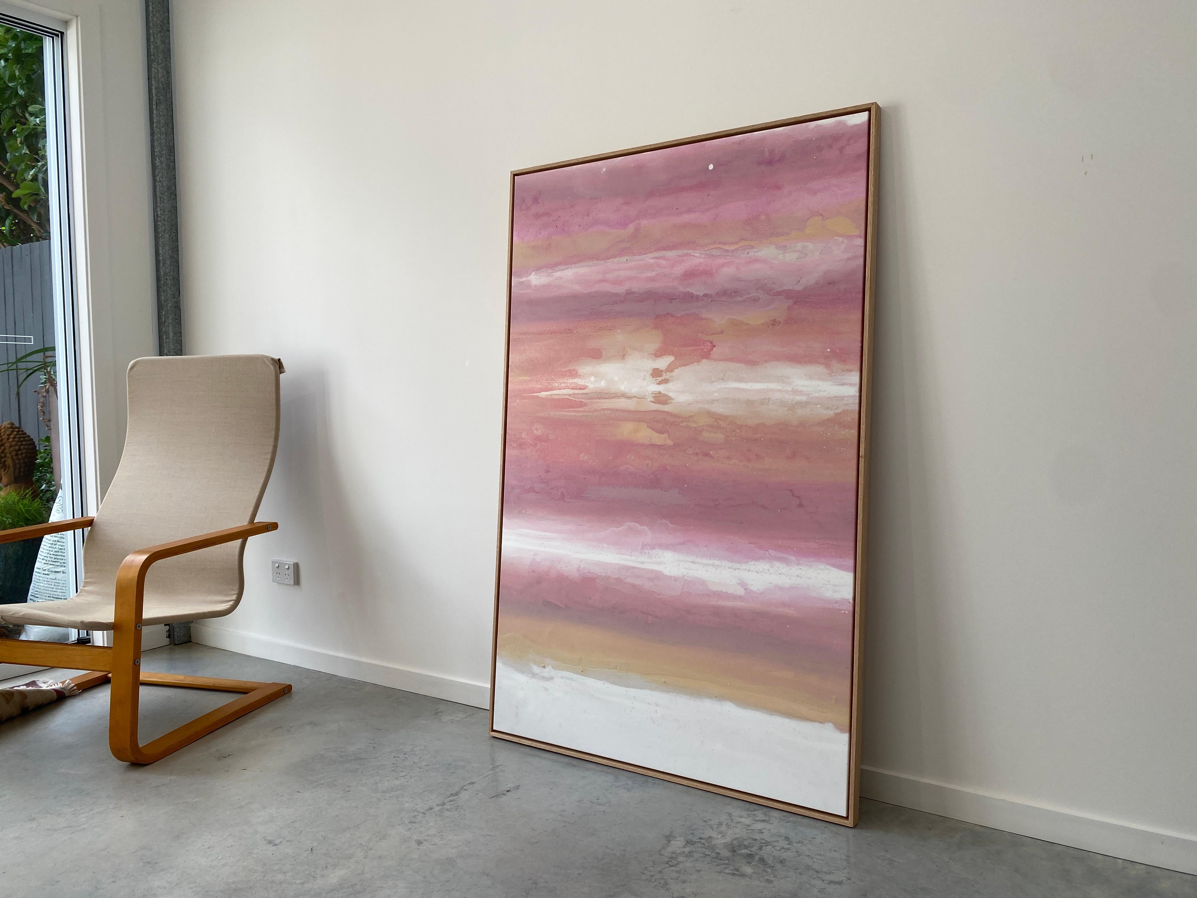 Large pink peach white abstract expressionist painting framed ready to hang - Painting by Kathleen Rhee