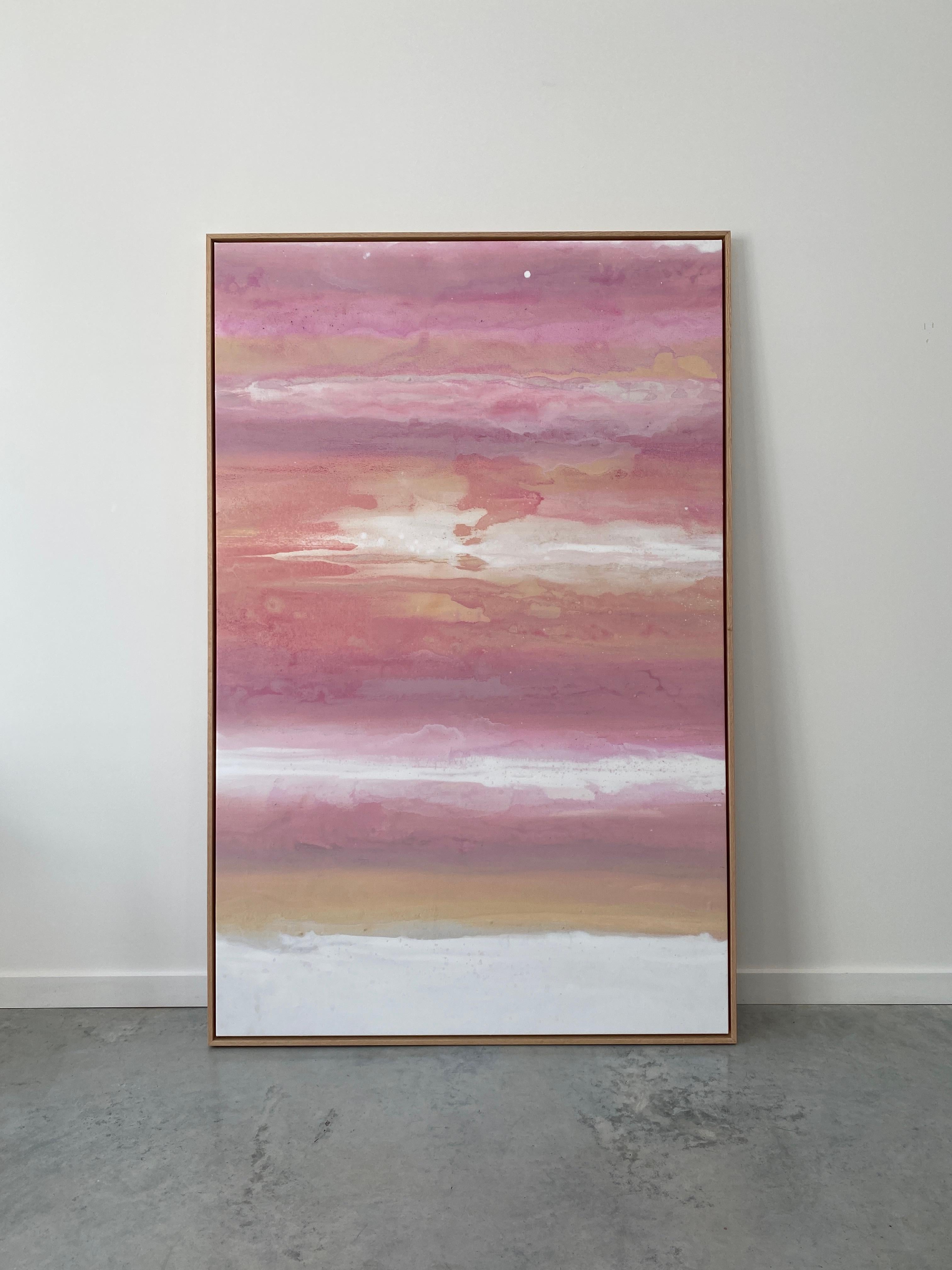 Large pink peach white abstract expressionist painting framed ready to hang For Sale 1