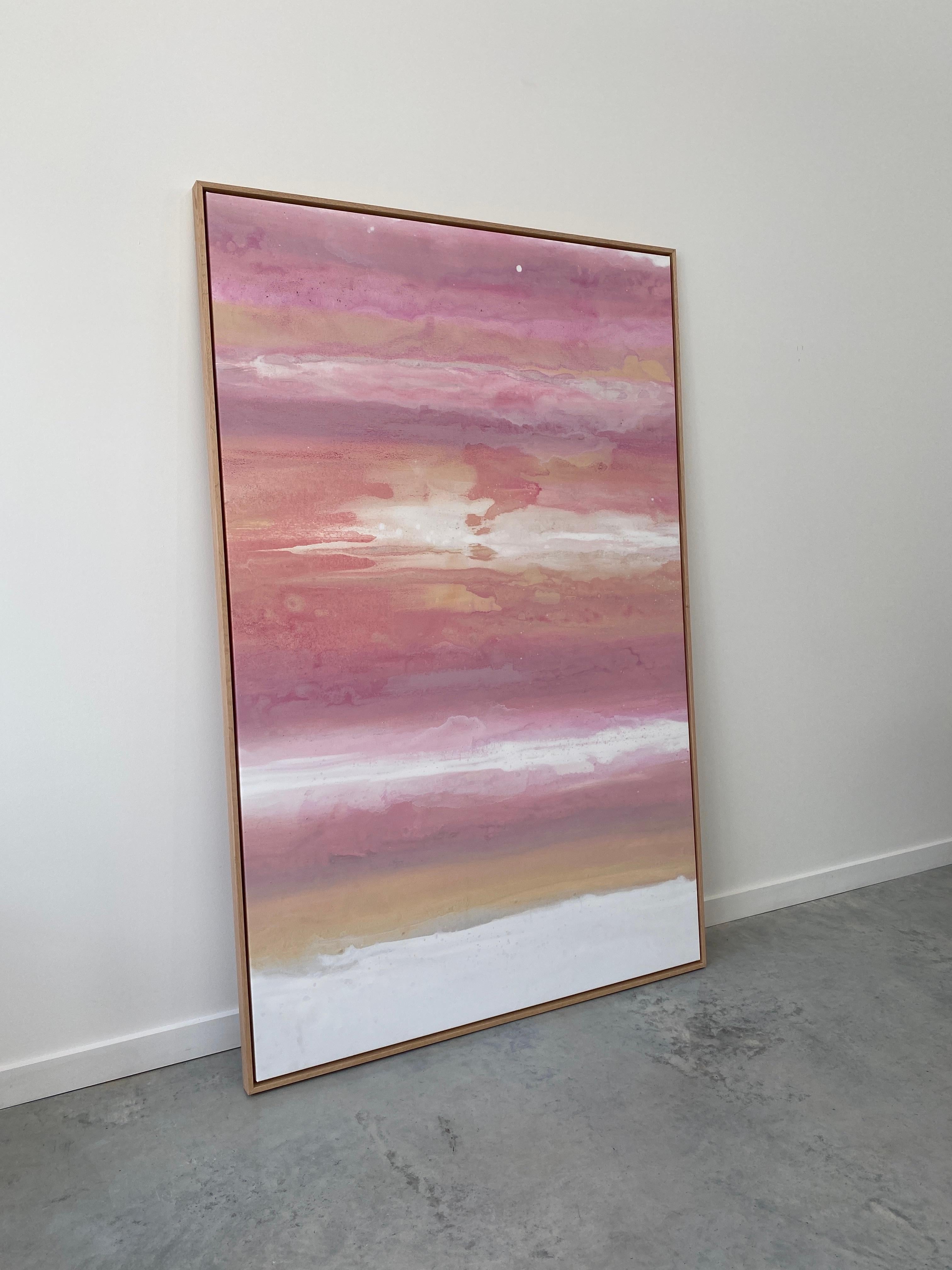 Large pink peach white abstract expressionist painting framed ready to hang For Sale 2
