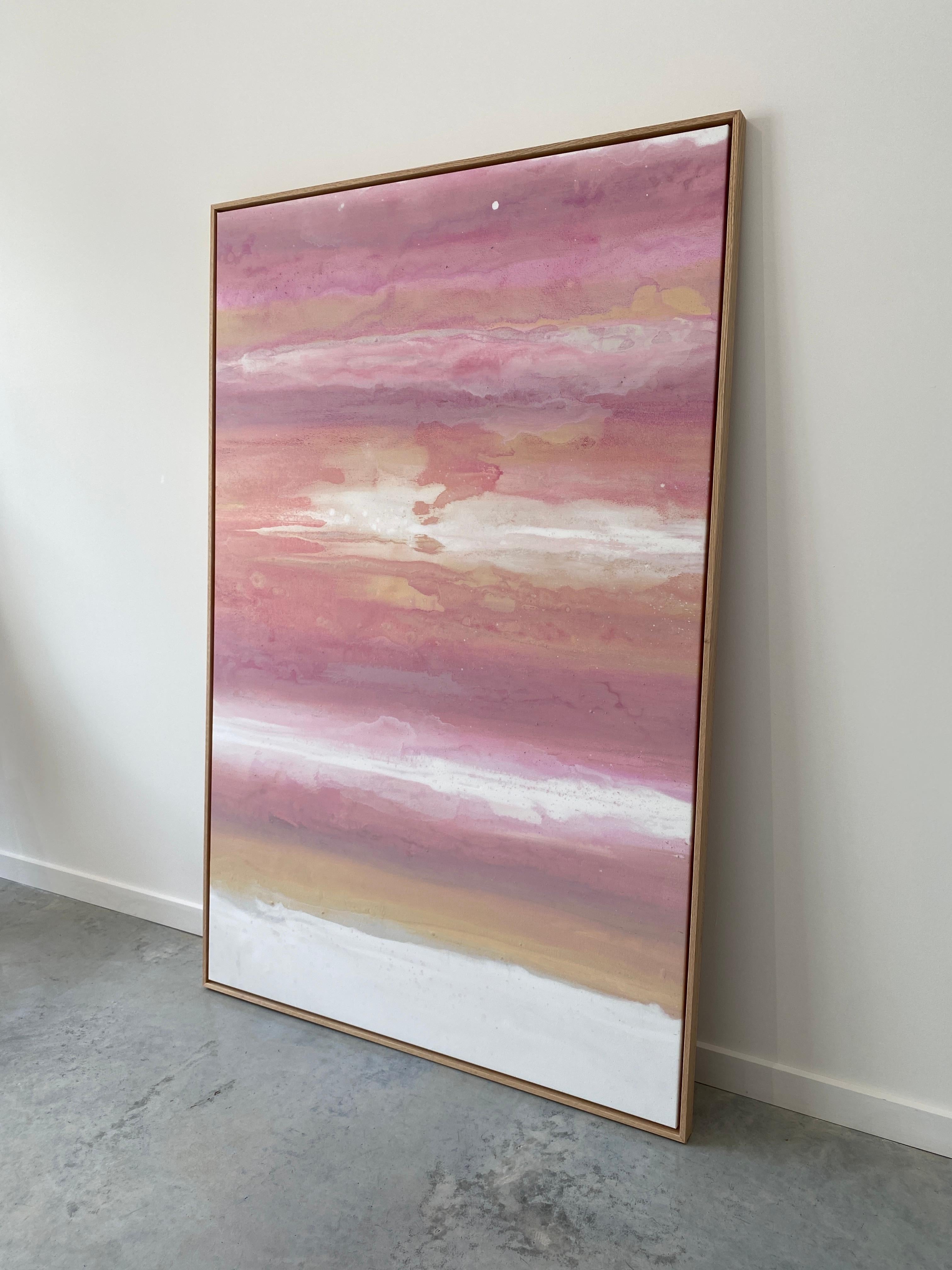 Large pink peach white abstract expressionist painting framed ready to hang For Sale 3