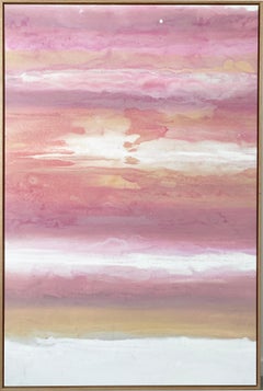 Grande peinture expressionniste abstraite rose pêche blanche encadrée prête à être accrochée