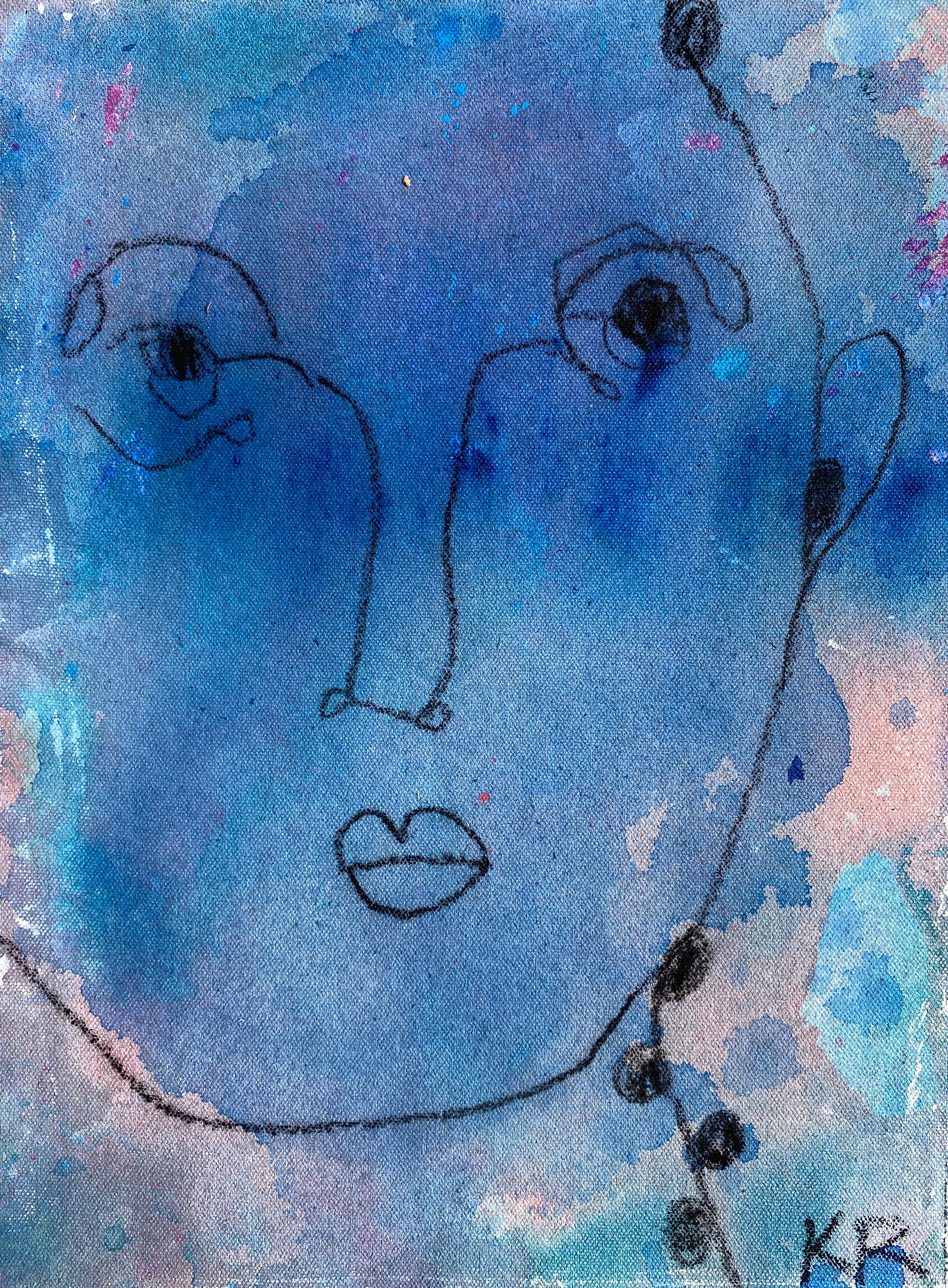 Portrait contour croquis ligne minimaliste contemporain bleu visage dessin no4