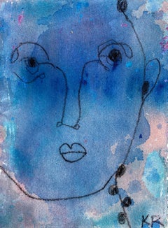 Portrait contour line sketch minimalist contemporary blue face drawing no4