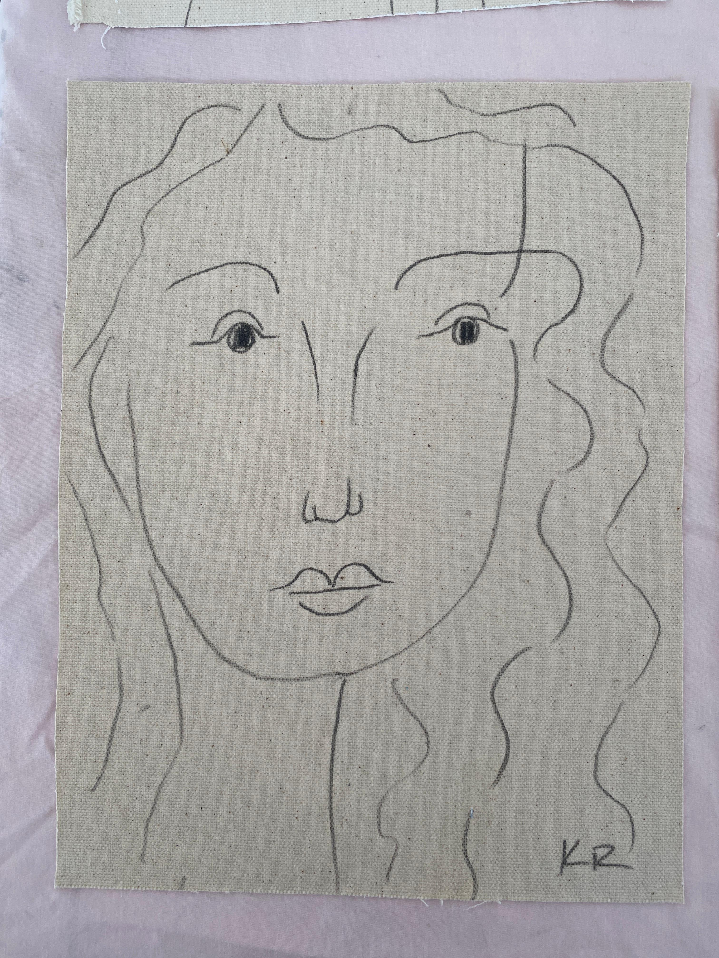 Portrait pencil line sketch minimalist matisse contemporary face drawing EVA - Abstract Painting by Kathleen Rhee